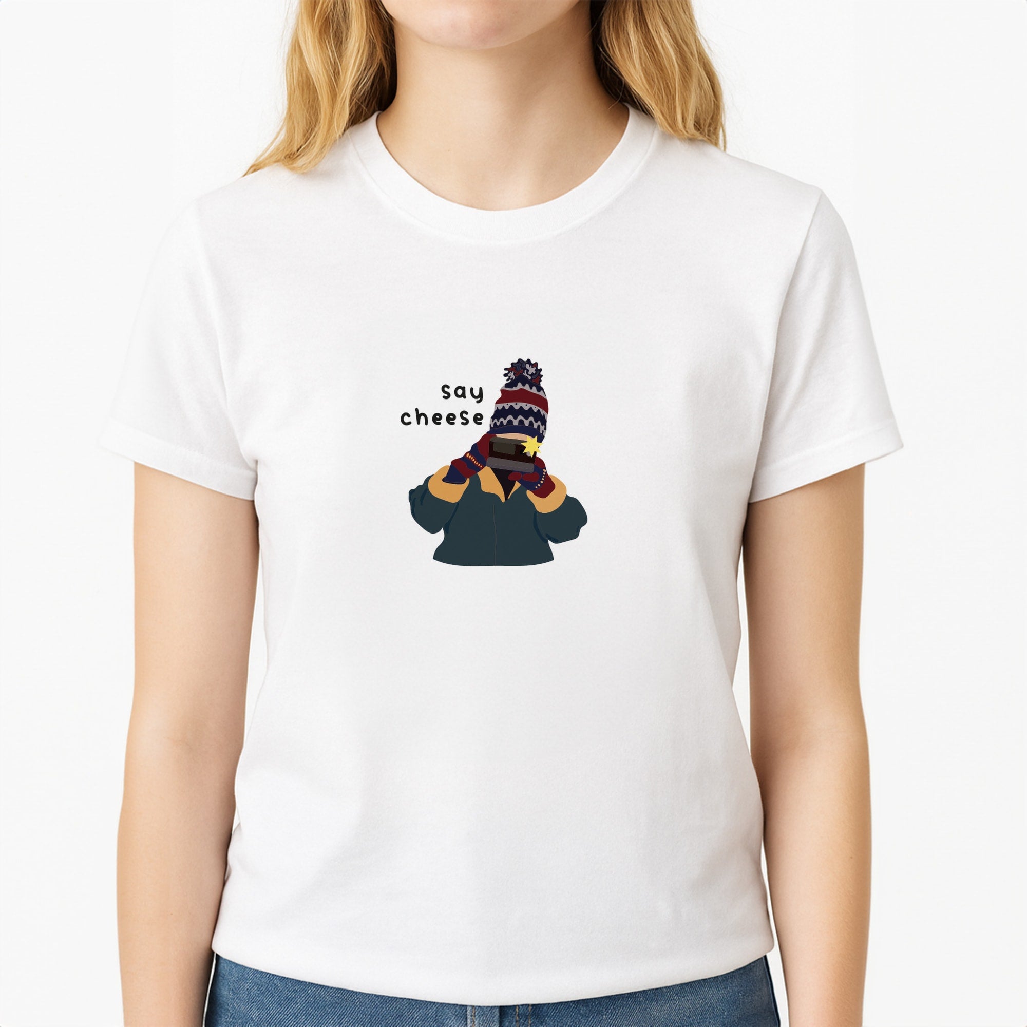 Say Cheese Unisex T-Shirt, worn by a female model