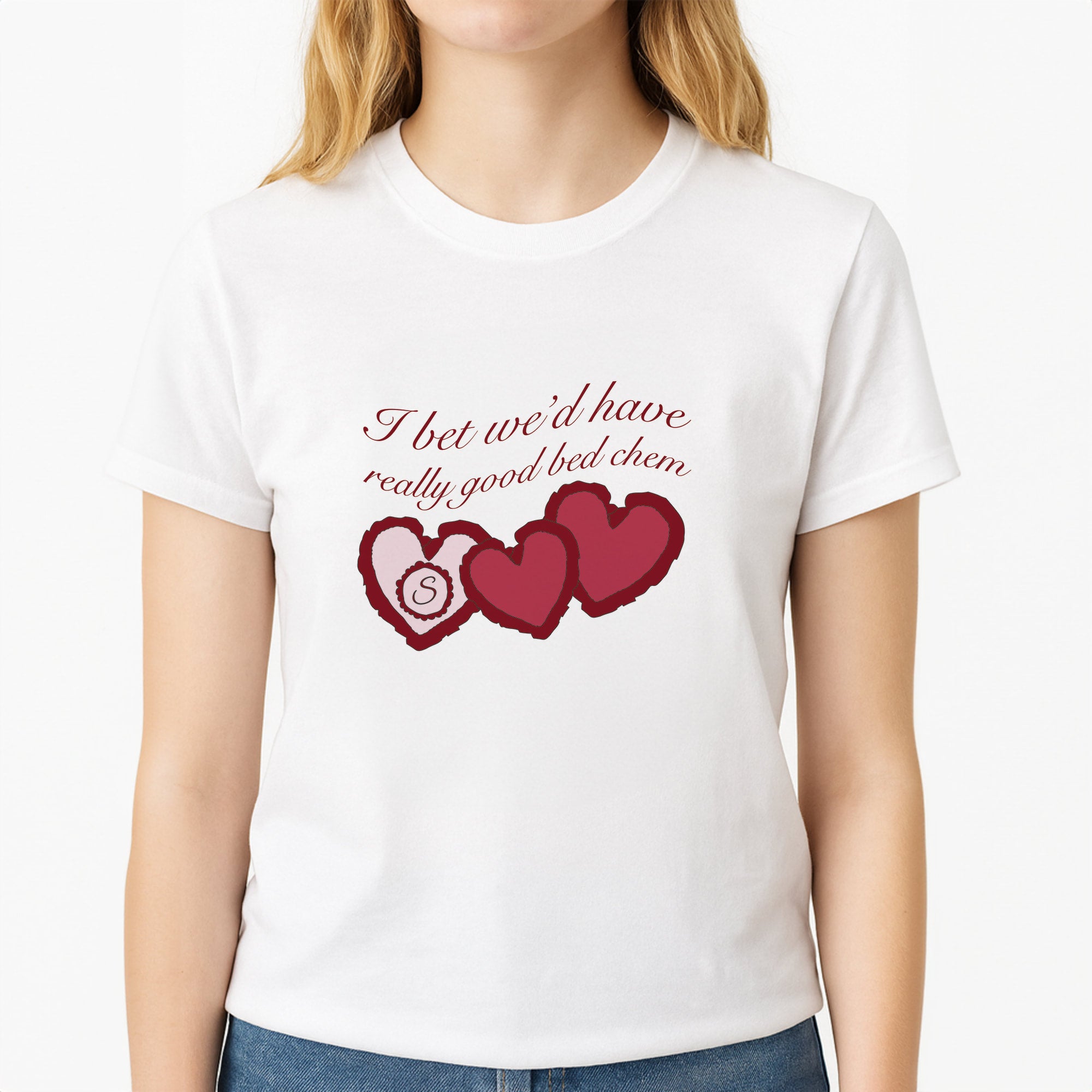 I Bet We'd Have Good Bed Chem Unisex T-Shirt, worn by a female model