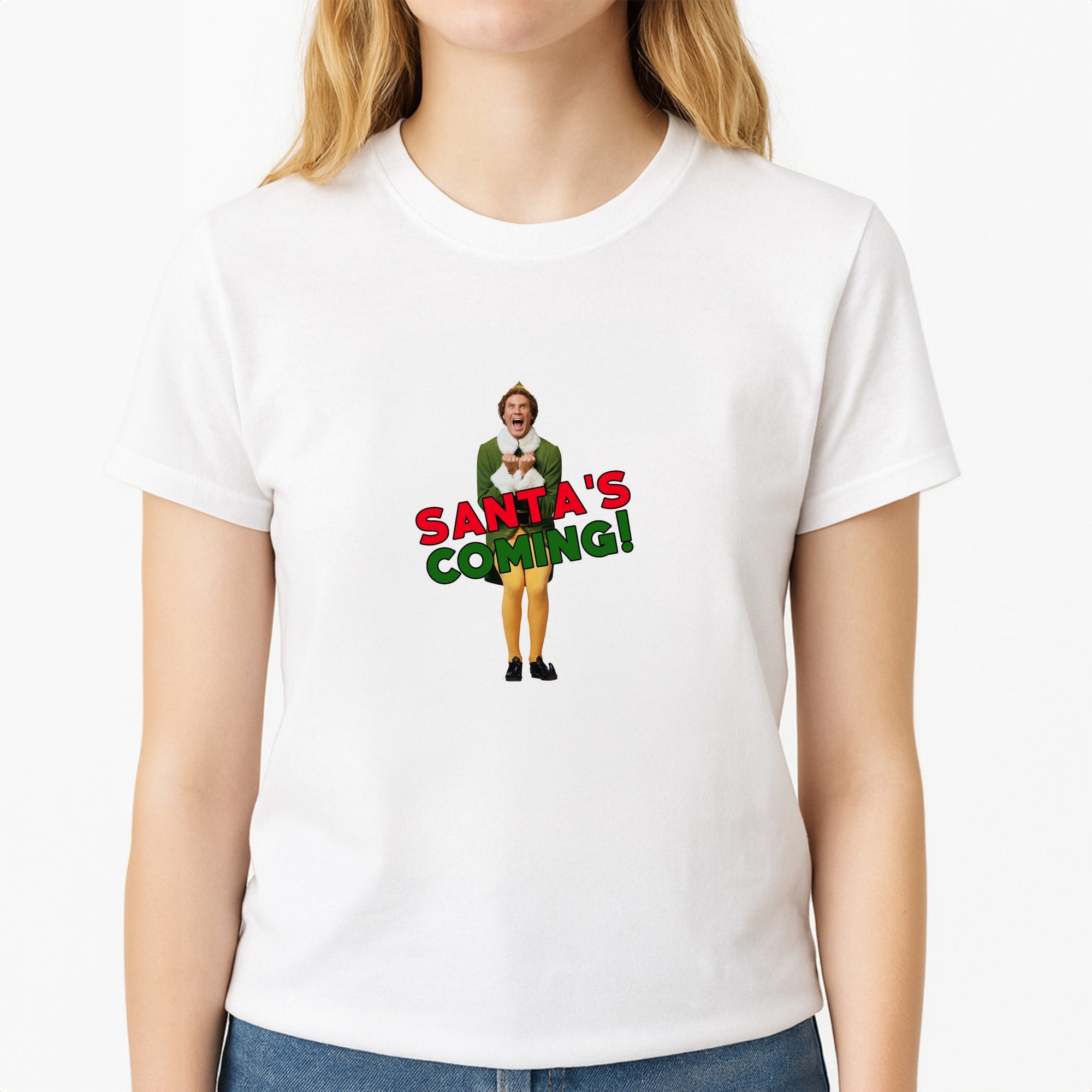 Buddy The Elf - Santa's Coming! Unisex T-Shirt, worn by a female model