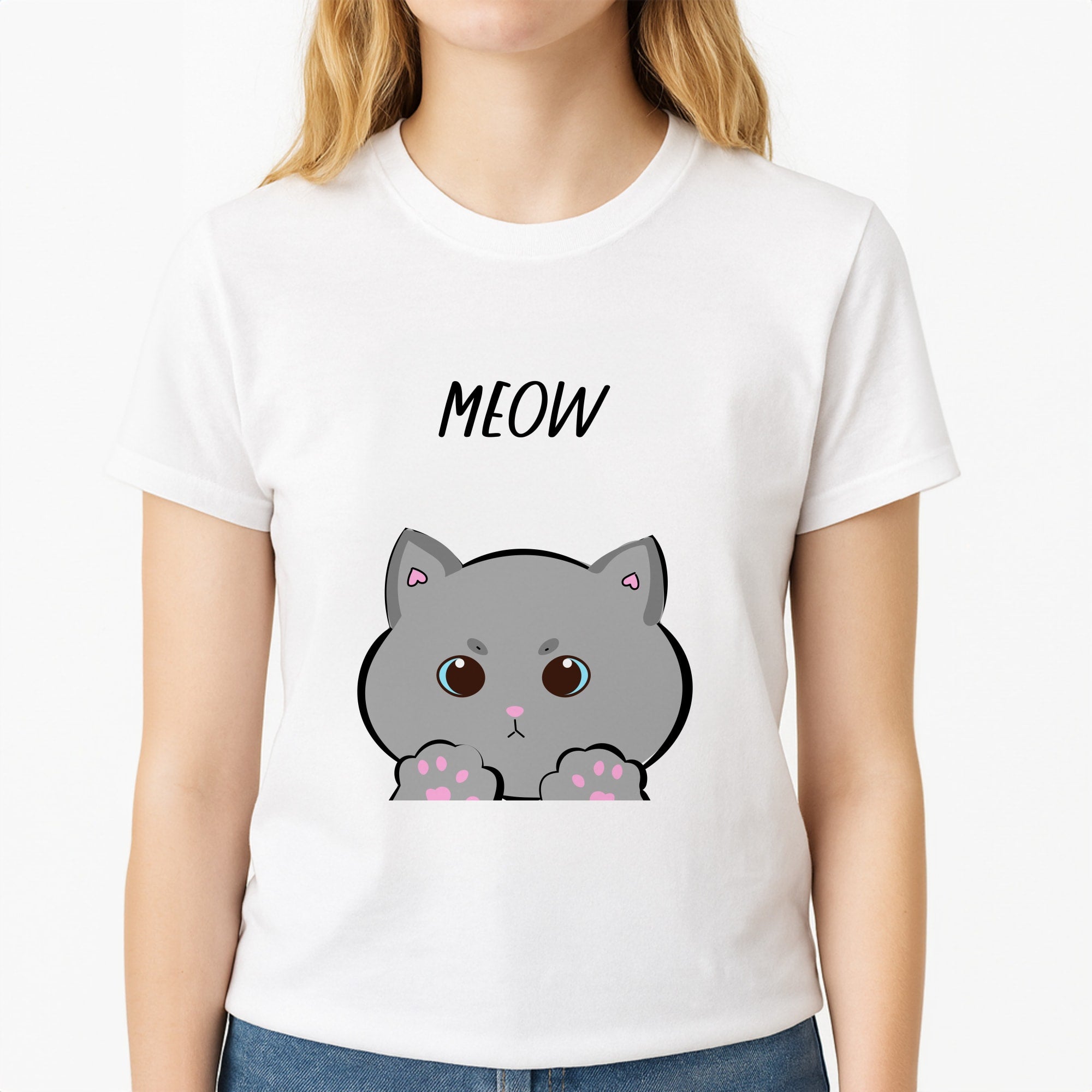 Grey Kitty - Cats Unisex T-Shirt, worn by a female model