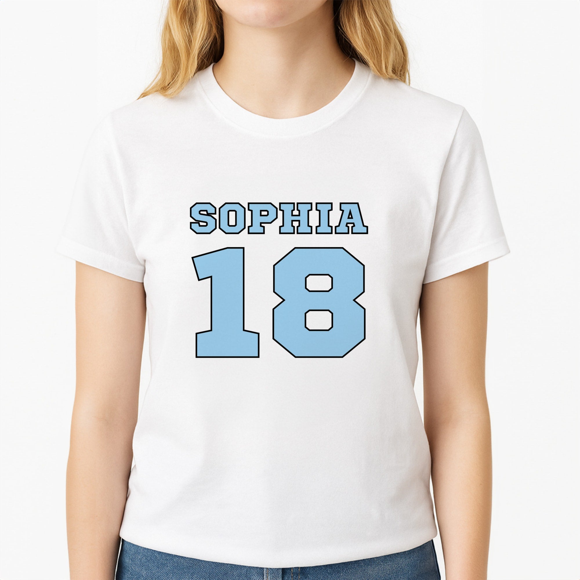 Light Blue - Personalised Football Unisex T-Shirt, worn by a female model