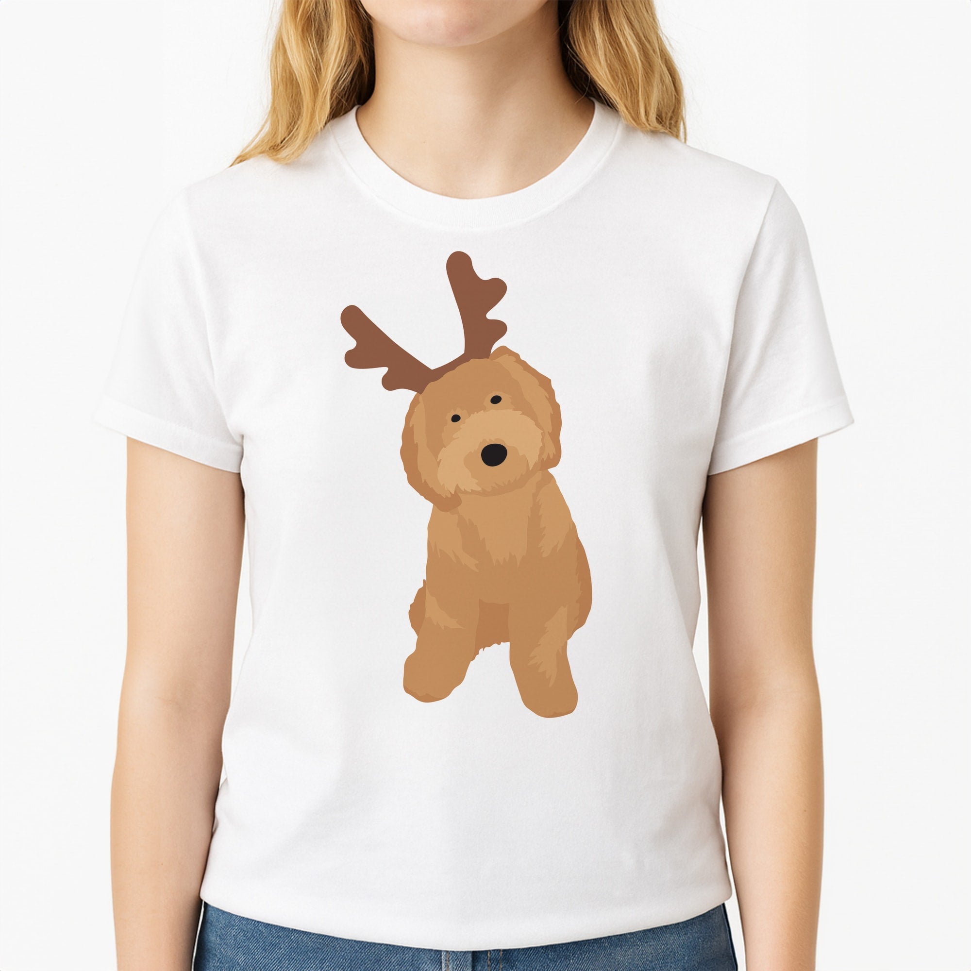 Dog Christmas Ears Unisex T-Shirt, worn by a female model