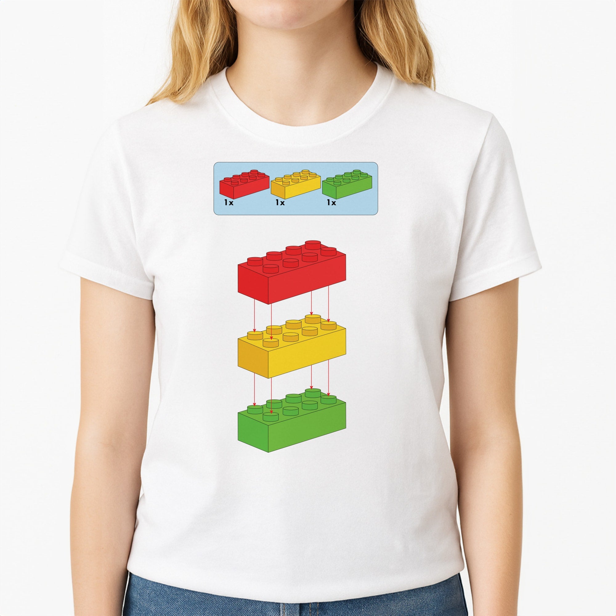Bricks Instruction Set Unisex T-Shirt, worn by a female model
