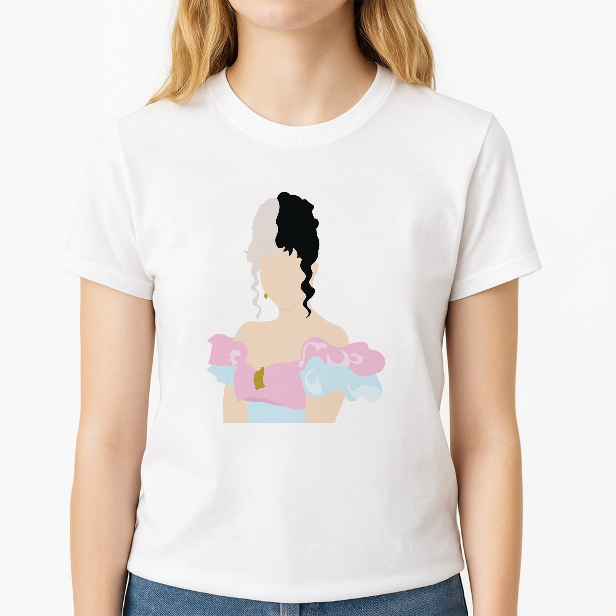 Blue And Pink Dress Unisex T-Shirt, worn by a female model