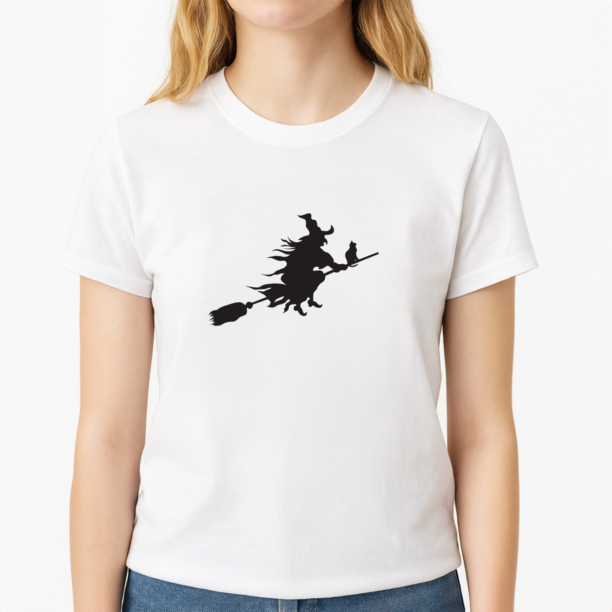 Witch And Cat - Halloween Unisex T-Shirt, worn by a female model