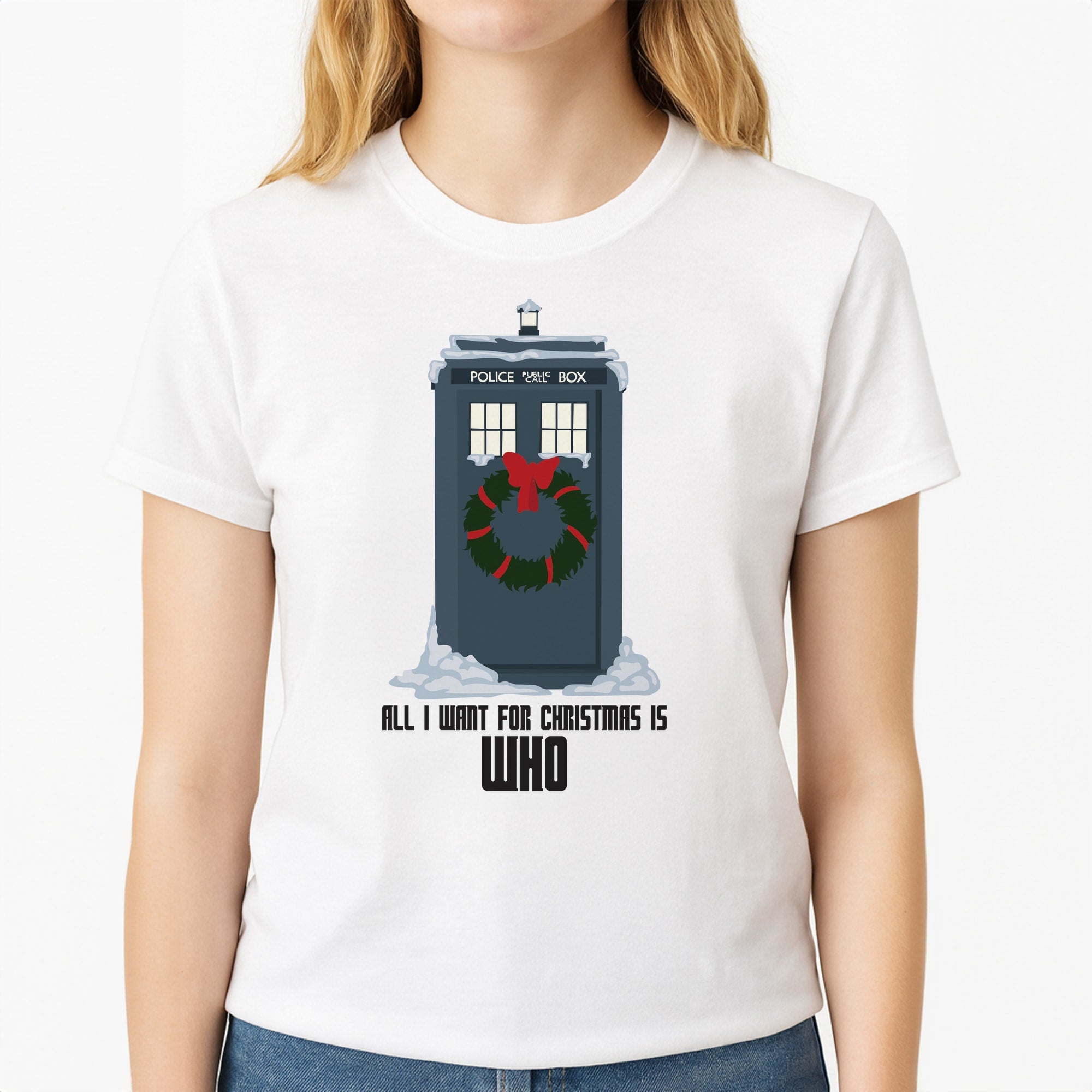 All I Want For Christmas Is Who - Doctor Who Unisex T-Shirt, worn by a female model