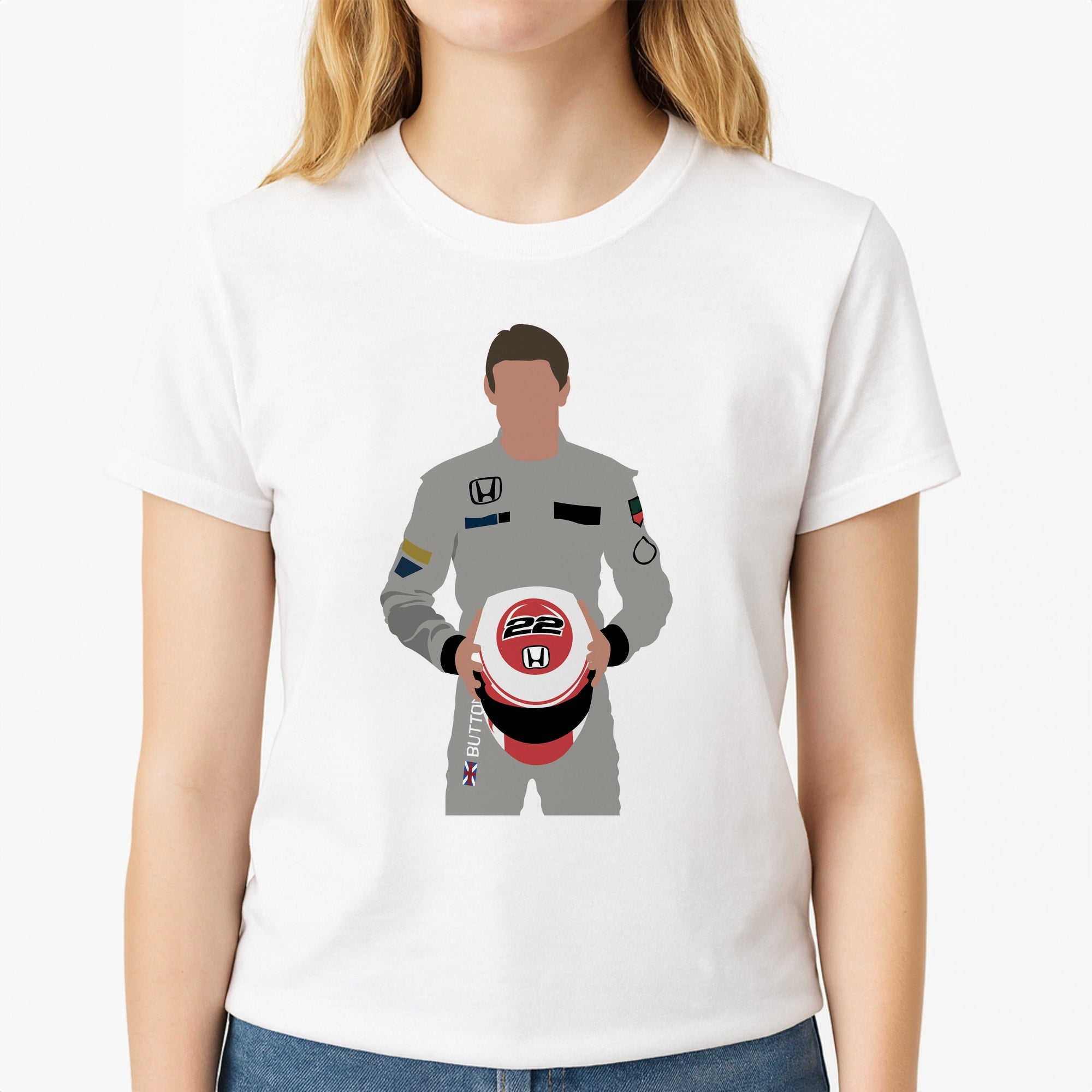 Button - F1 Unisex T-Shirt, worn by a female model
