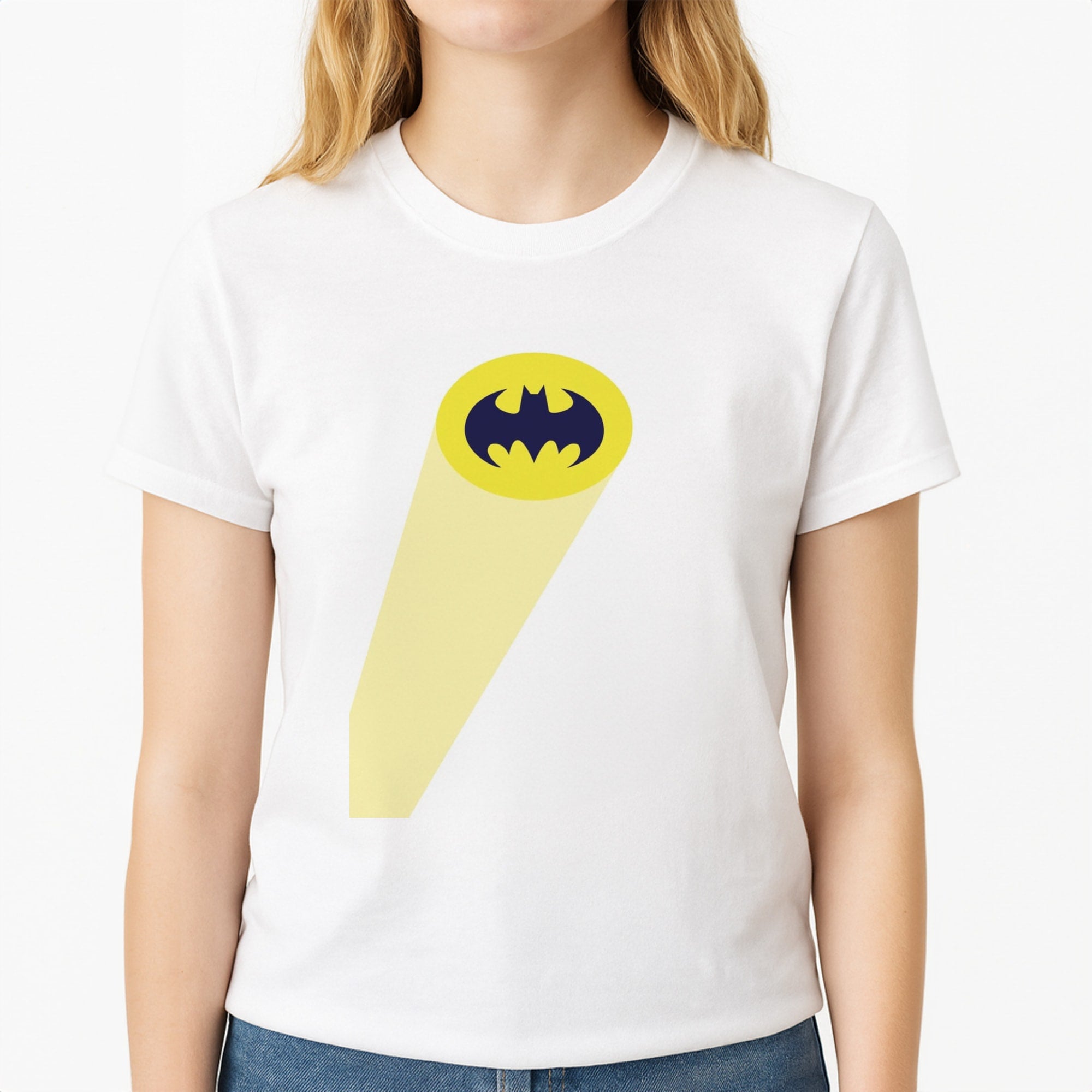 Bat Signal Unisex T-Shirt, worn by a female model