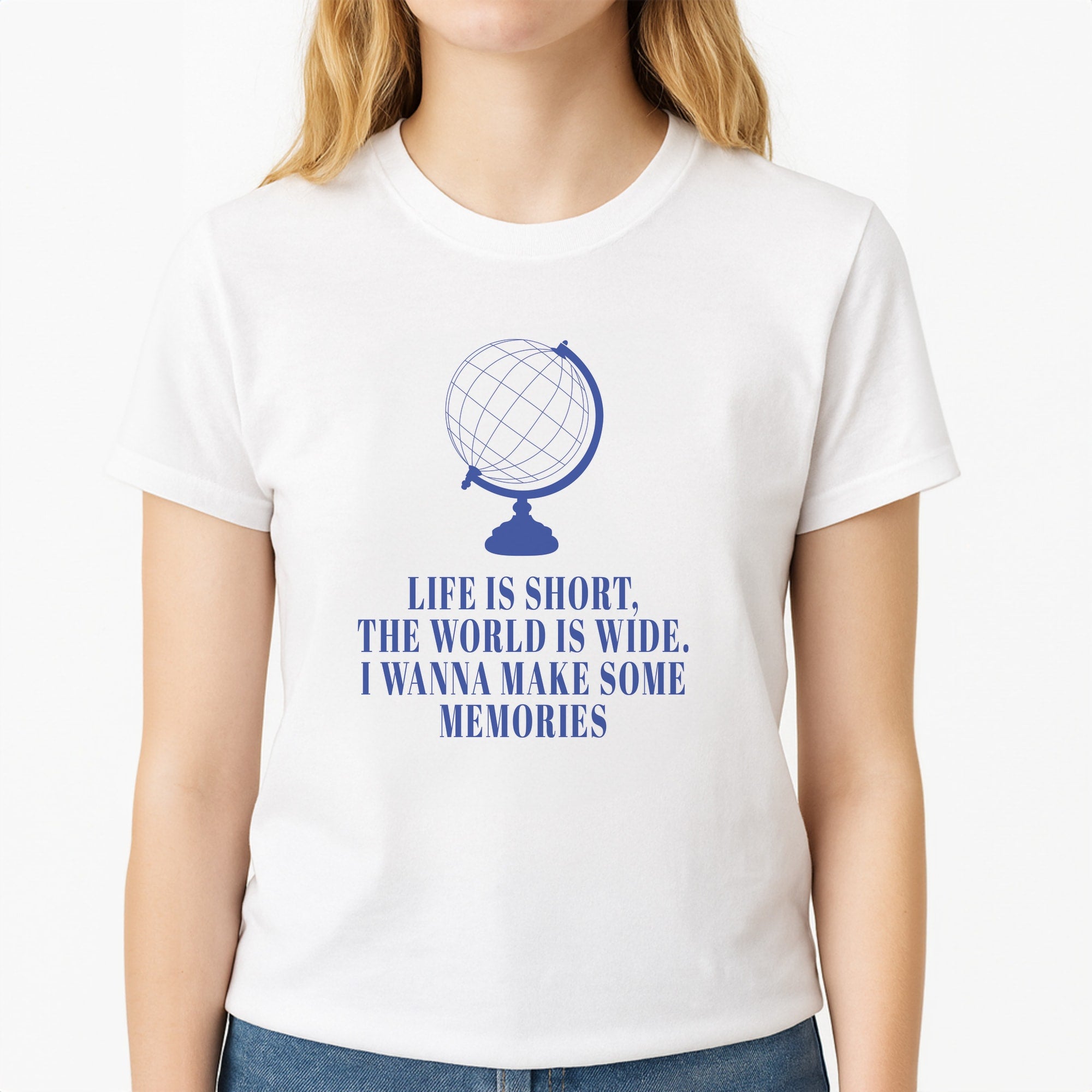 Life Is Short The World Is Wide - Mamma Mia Unisex T-Shirt, worn by a female model