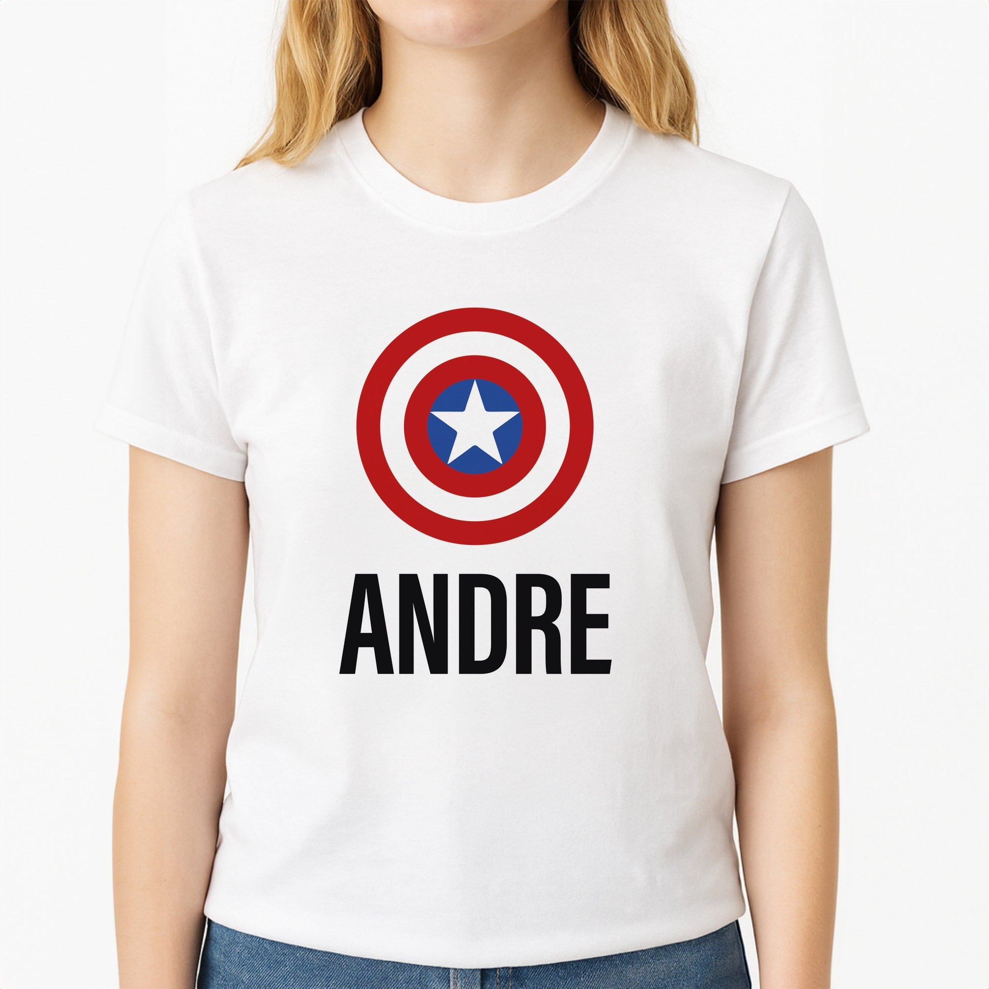 Captain America - Personalised Superhero Comic Unisex T-Shirt, worn by a female model
