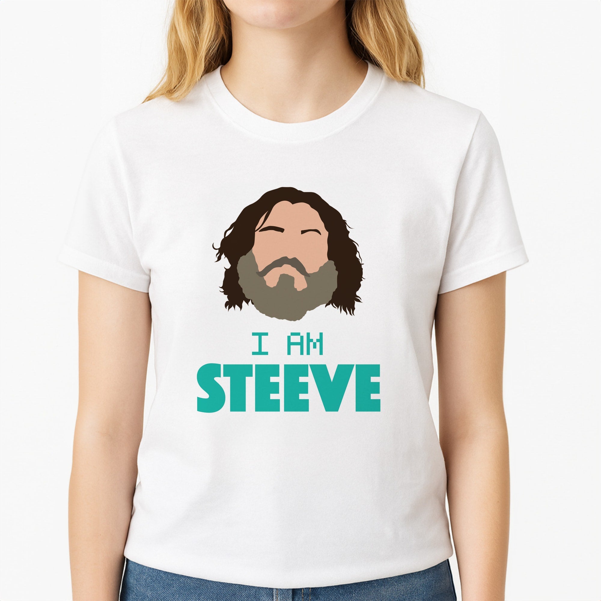 Jack I Am Steve Unisex T-Shirt, worn by a female model