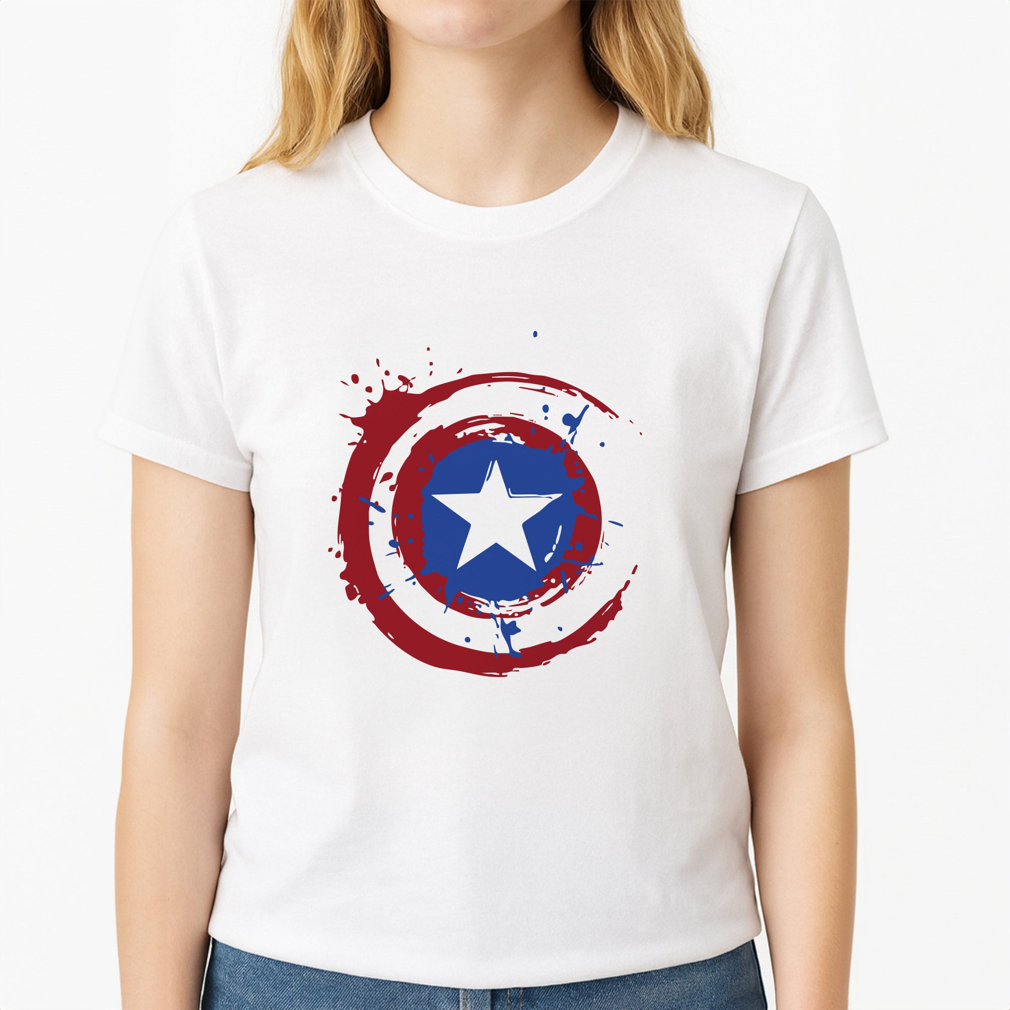The Shield Unisex T-Shirt, worn by a female model