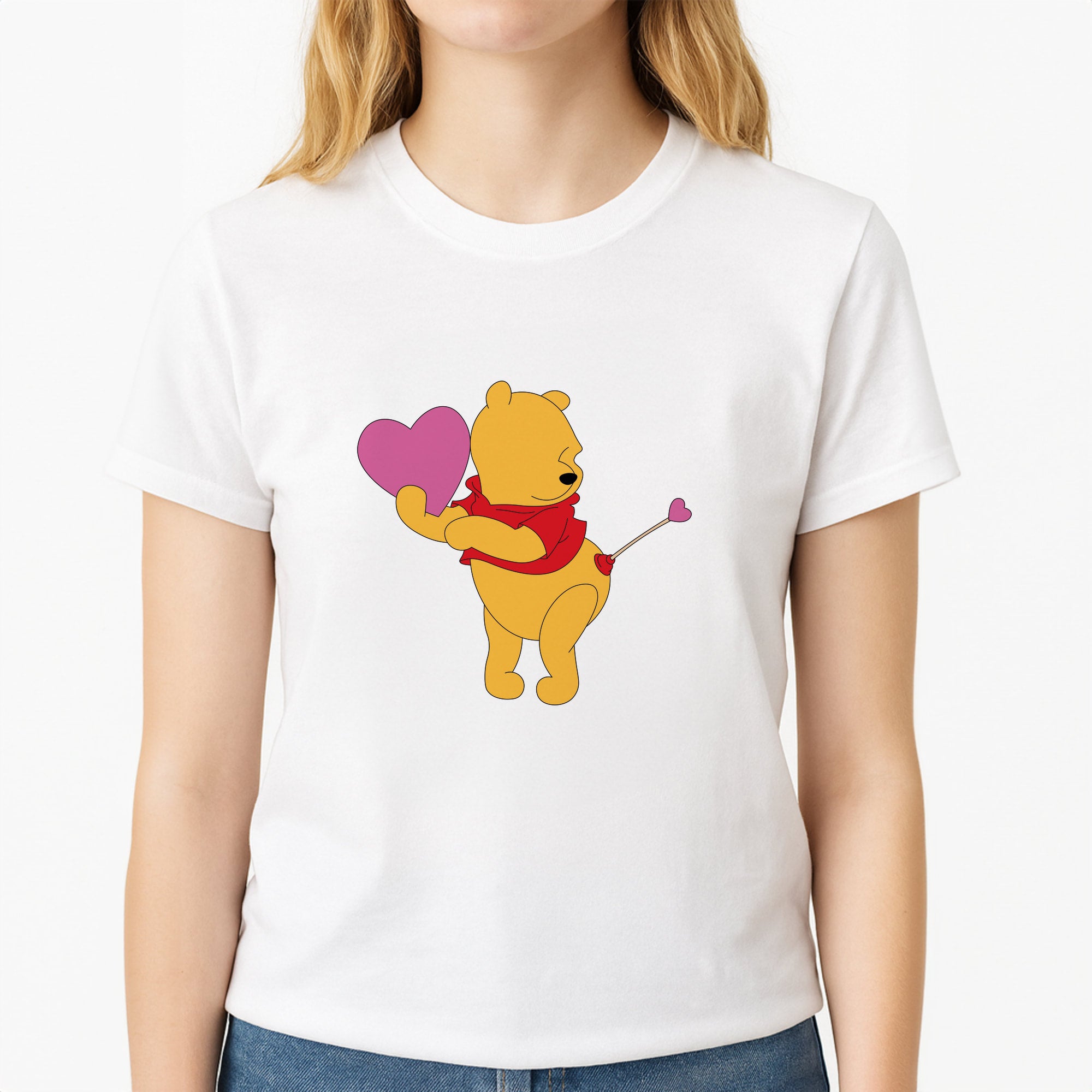 Cupid Pooh Valentine's Unisex T-Shirt, worn by a female model