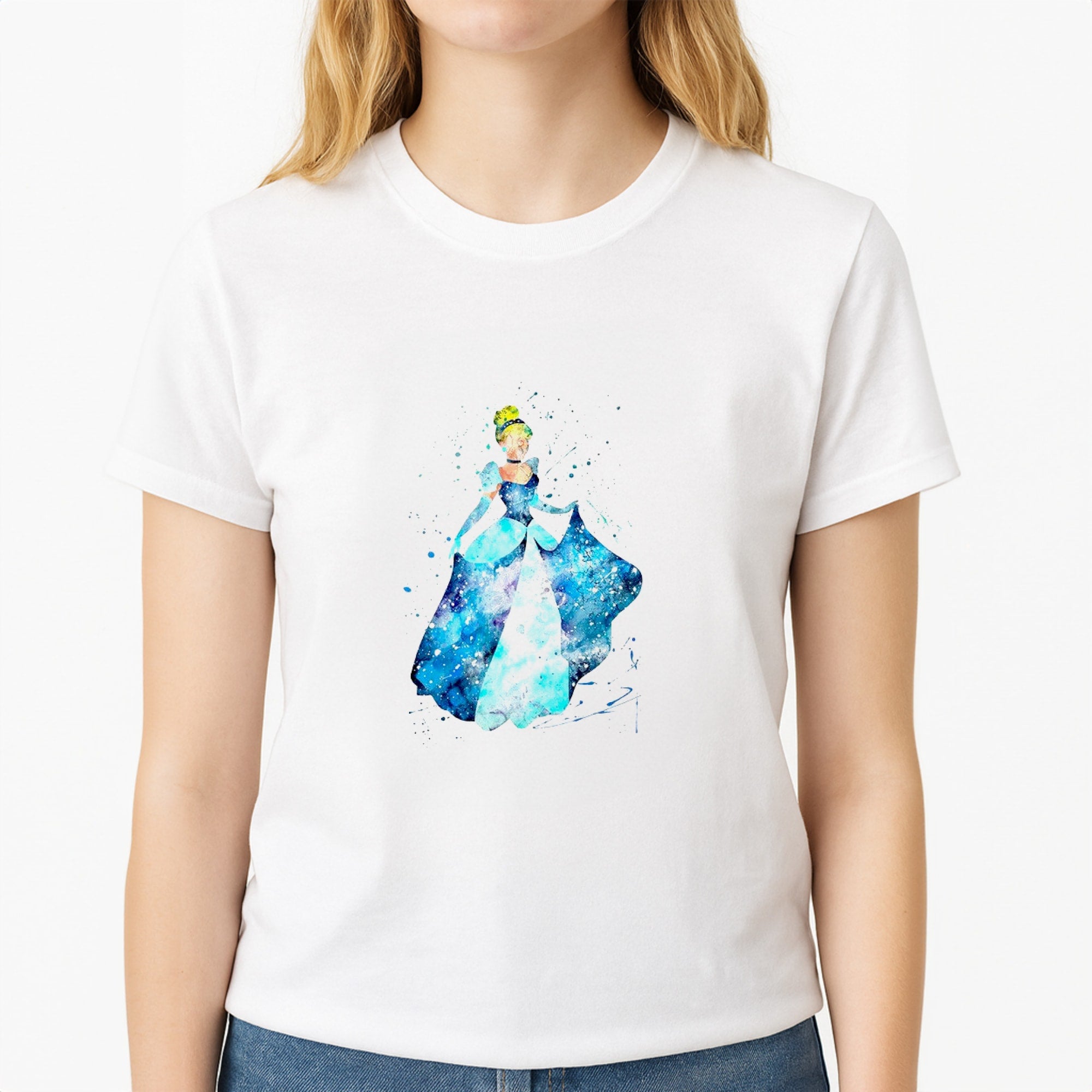 Watercolour Cinderella Fairytale Unisex T-Shirt, worn by a female model