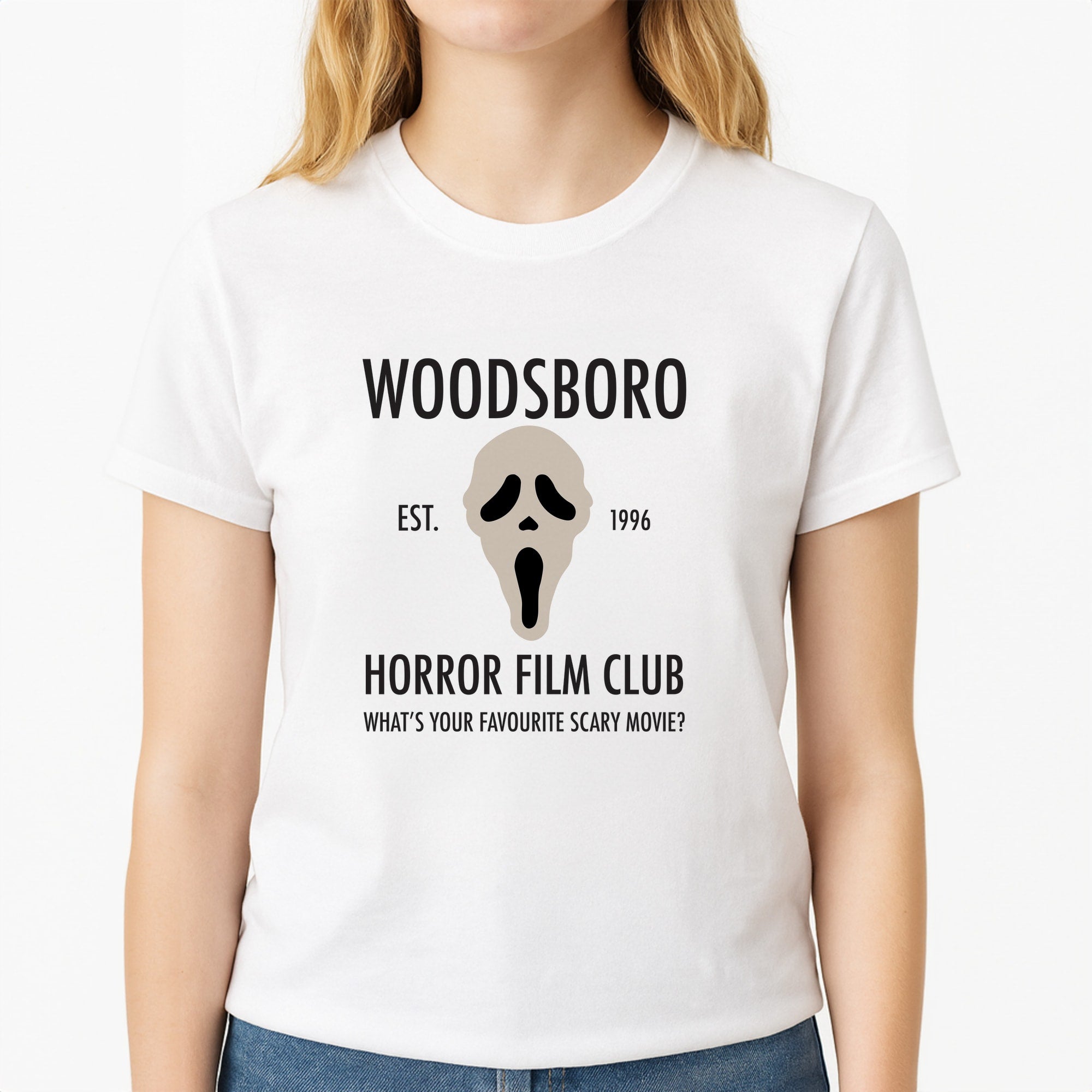 Woodsboro Horror Film Club - Scream Unisex T-Shirt, worn by a female model