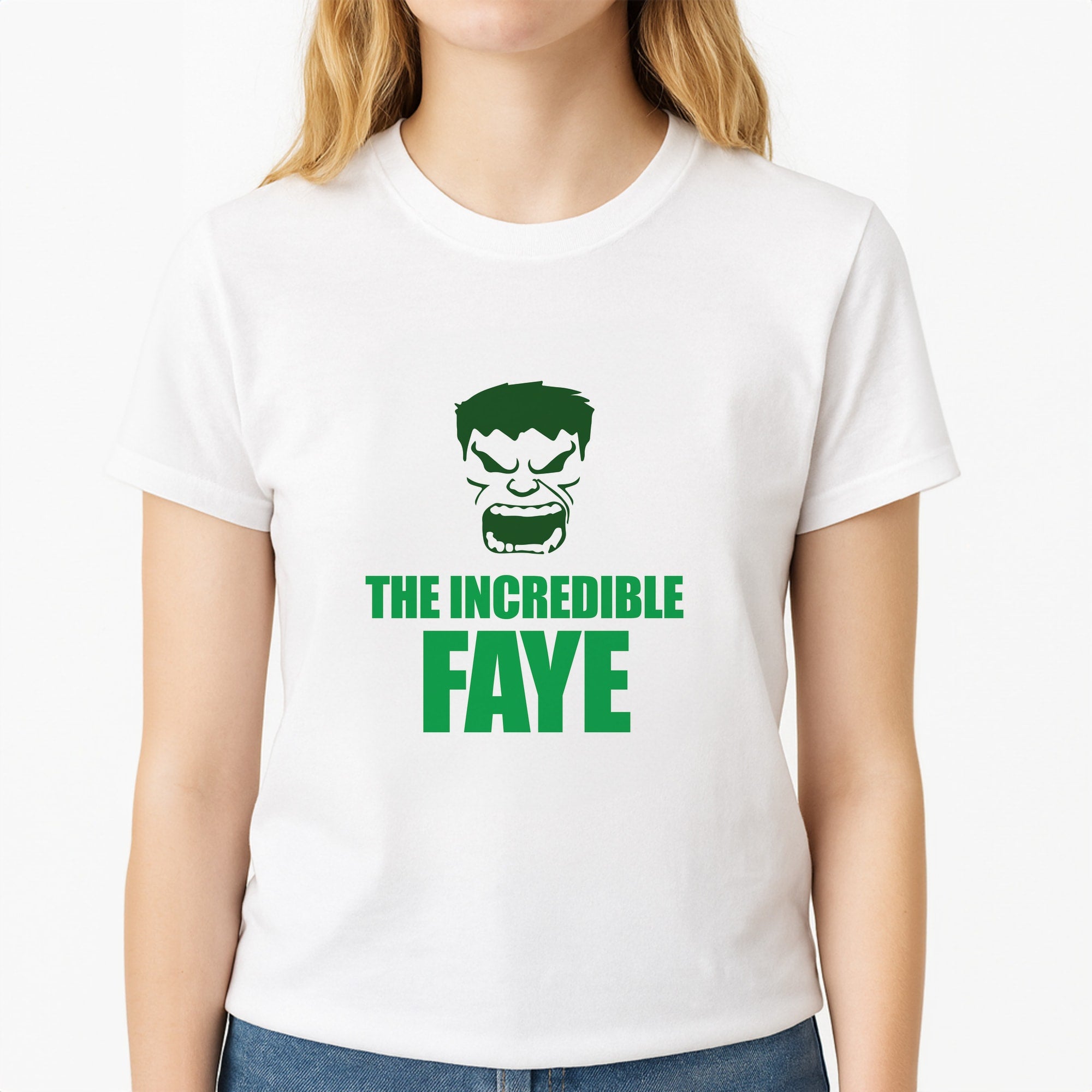 Hulk - Personalised Superhero Comic Unisex T-Shirt, worn by a female model