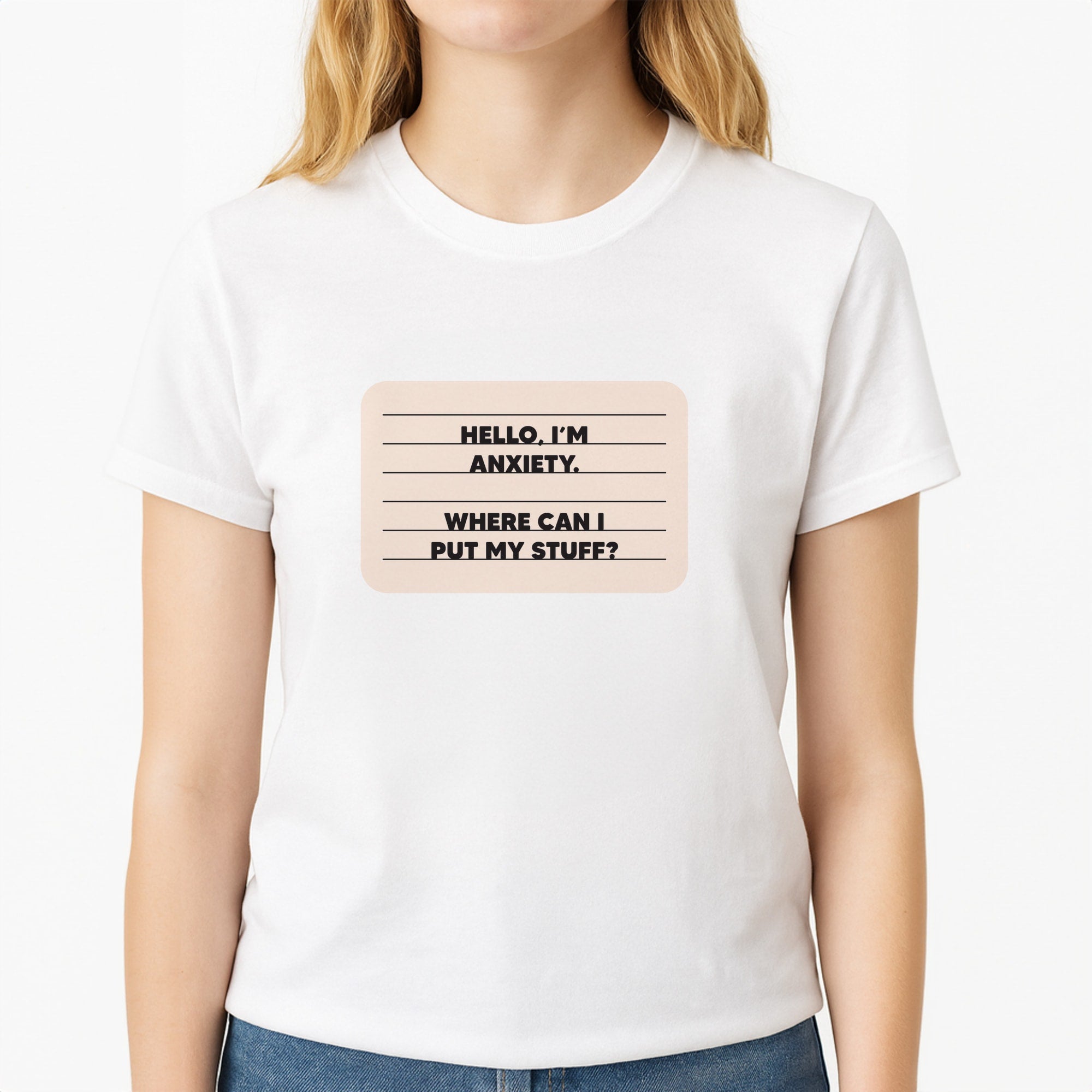 Hello I'm Anxiety - Inside Out Unisex T-Shirt, worn by a female model