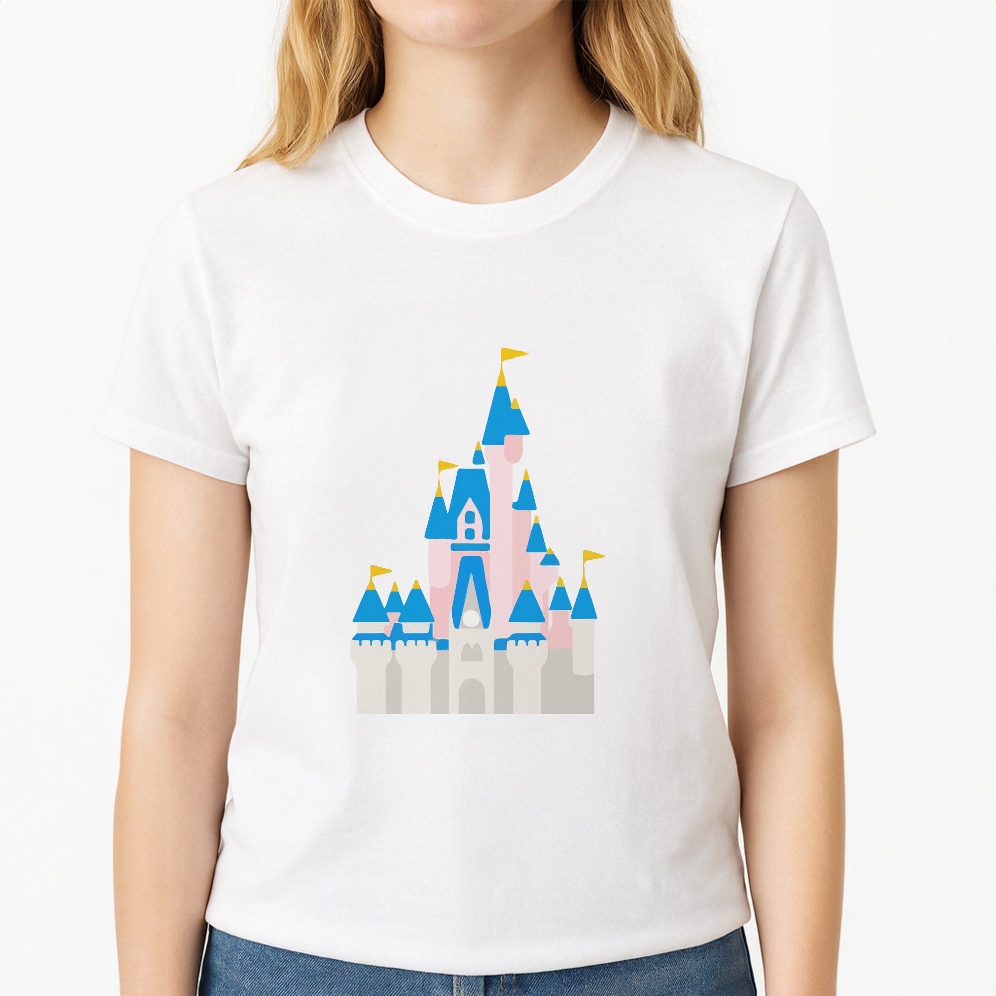 Fairytale Castle Unisex T-Shirt, worn by a female model