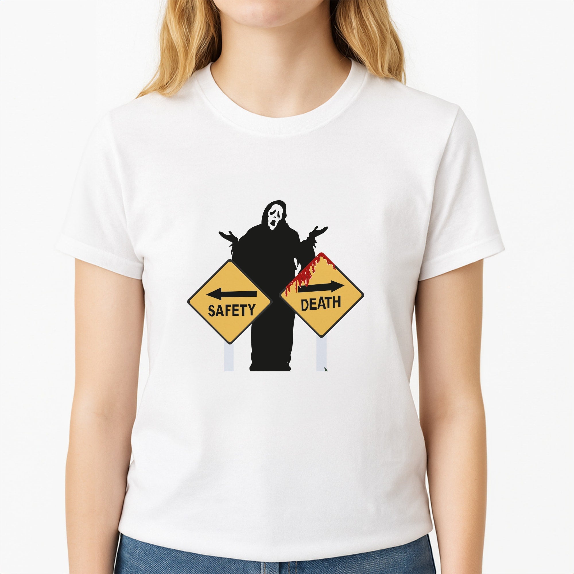 Safety Or Death - Scream Unisex T-Shirt, worn by a female model