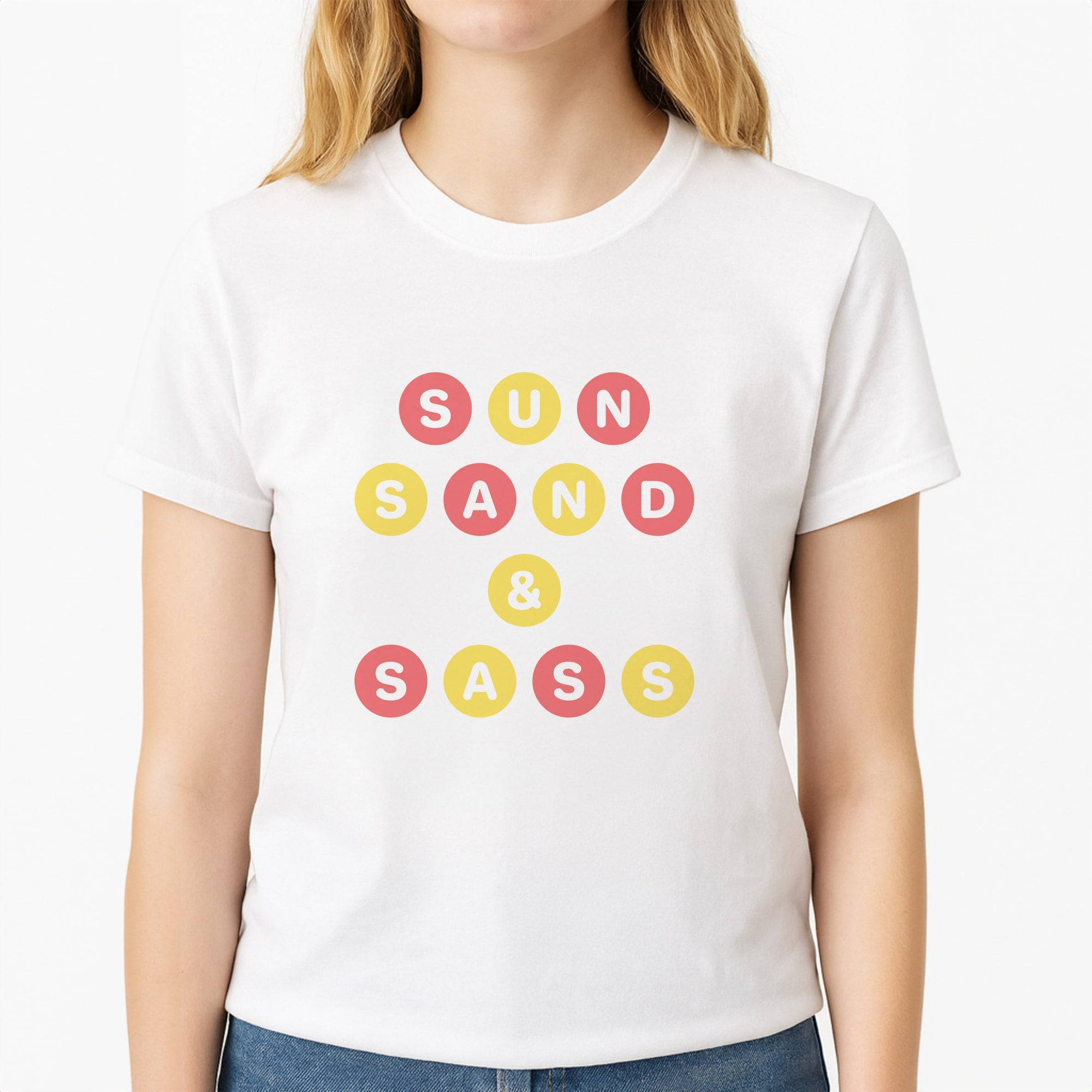 Sun, Sand And Sass Unisex T-Shirt, worn by a female model