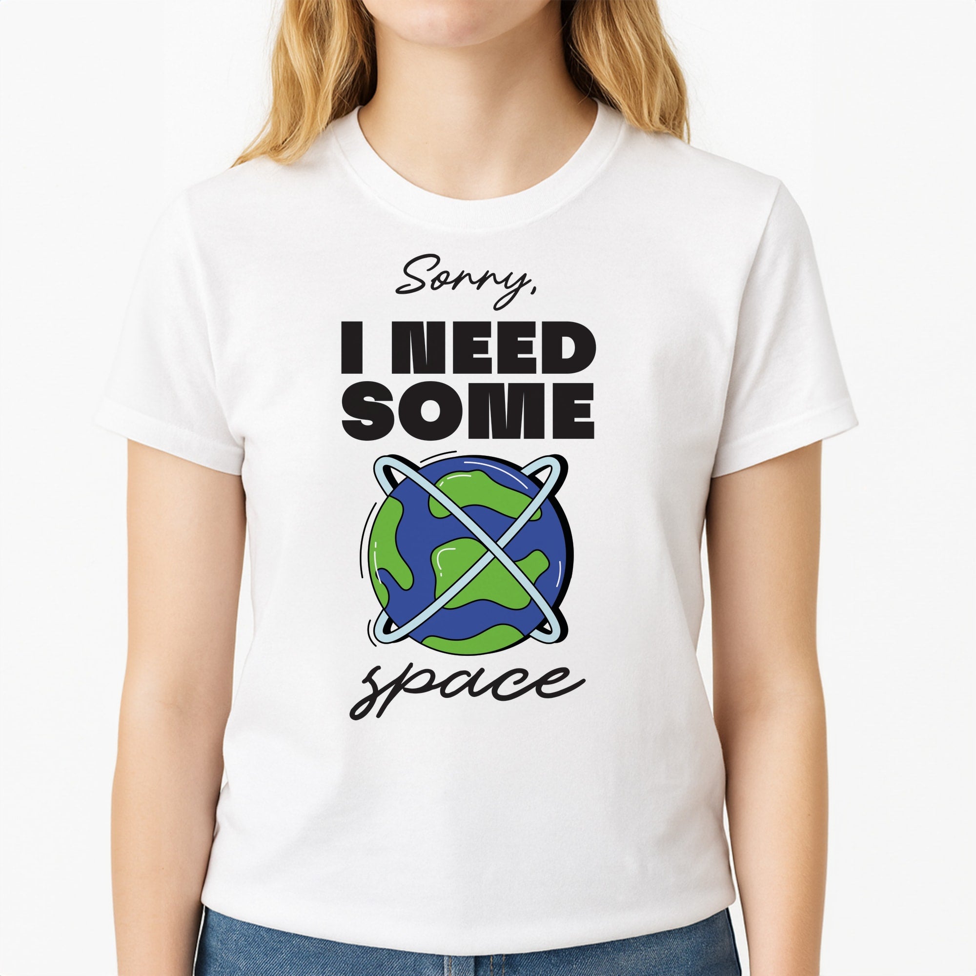 Cartoon I Need Some Space Unisex T-Shirt, worn by a female model