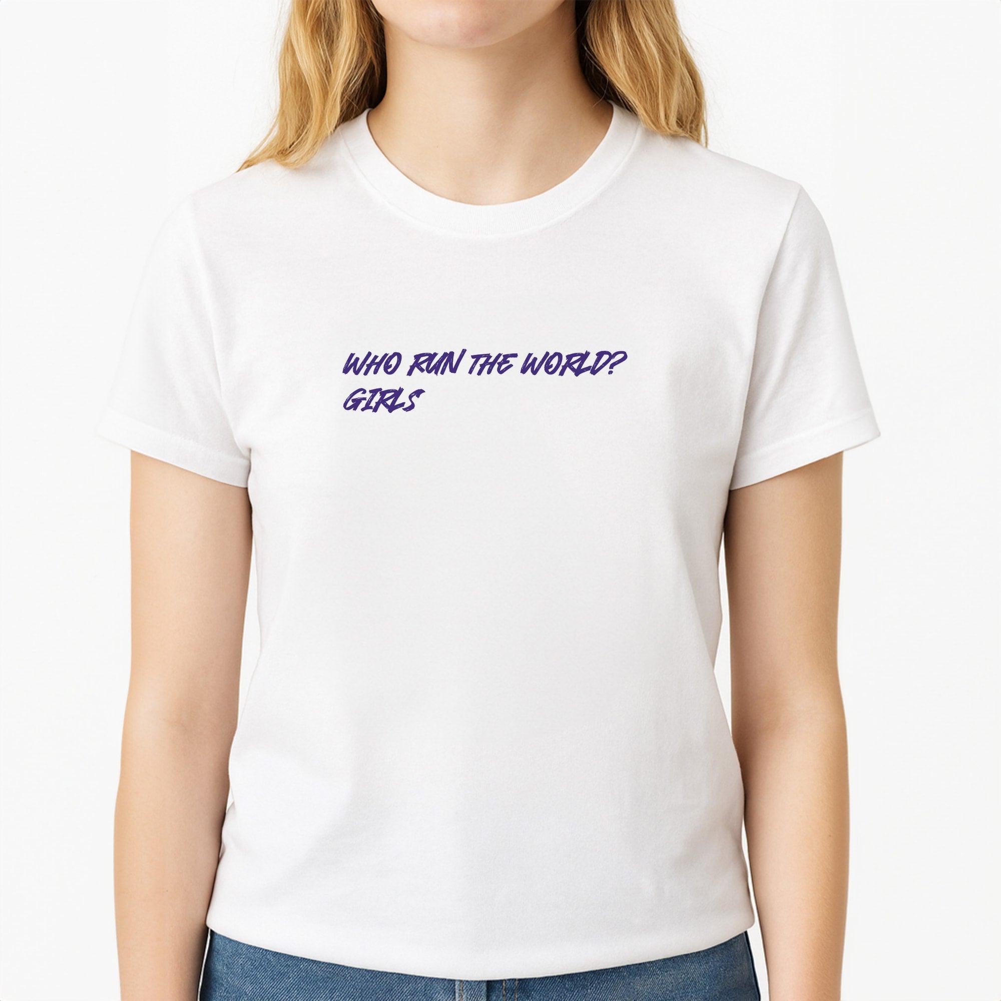 Who Run The World - Queen B Unisex T-Shirt, worn by a female model
