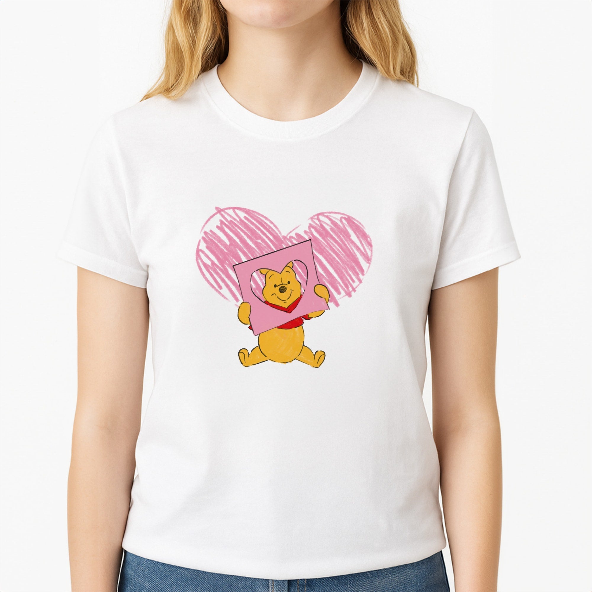 Pooh Heart Drawing Valentine's Unisex T-Shirt, worn by a female model