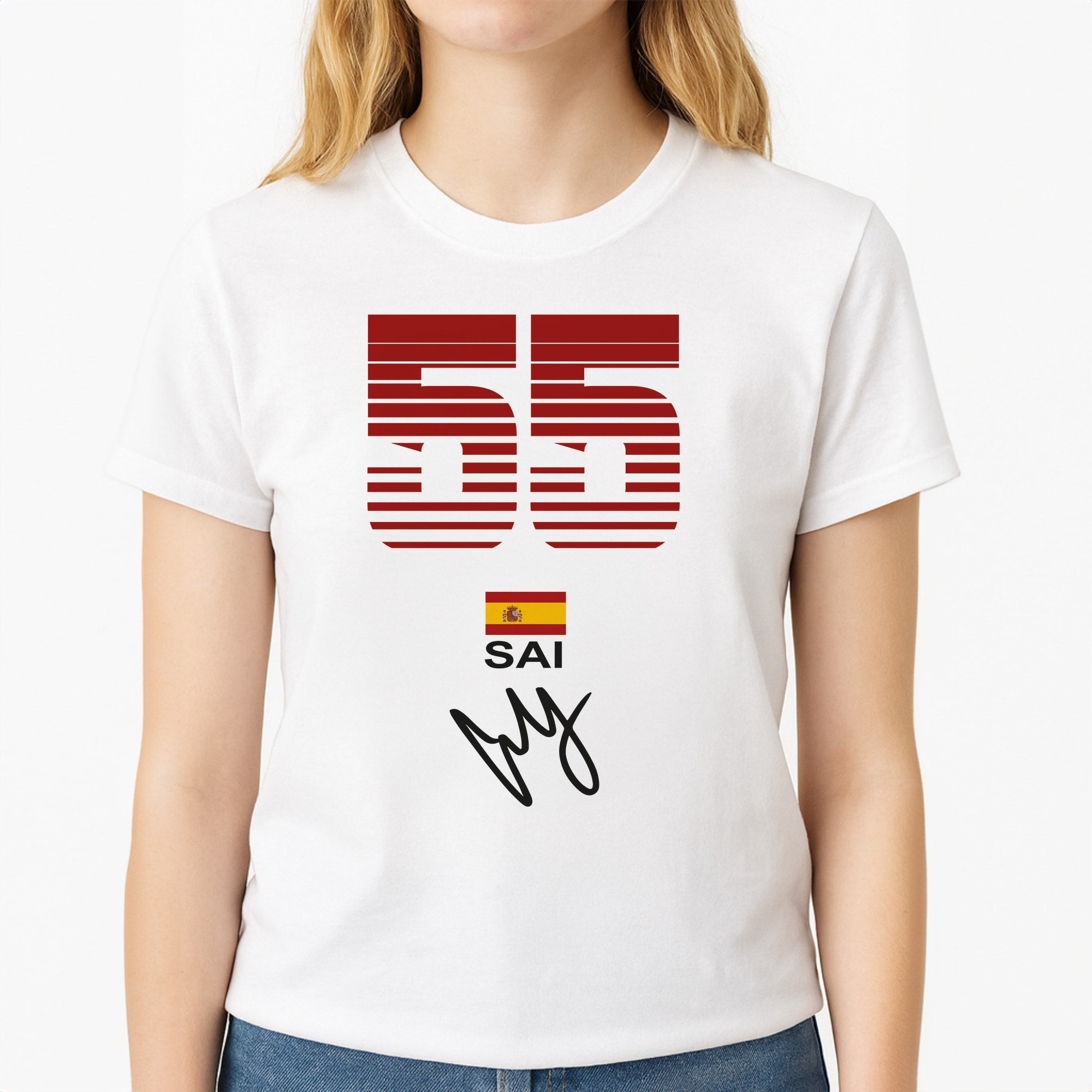 Sainz - F1 Unisex T-Shirt, worn by a female model