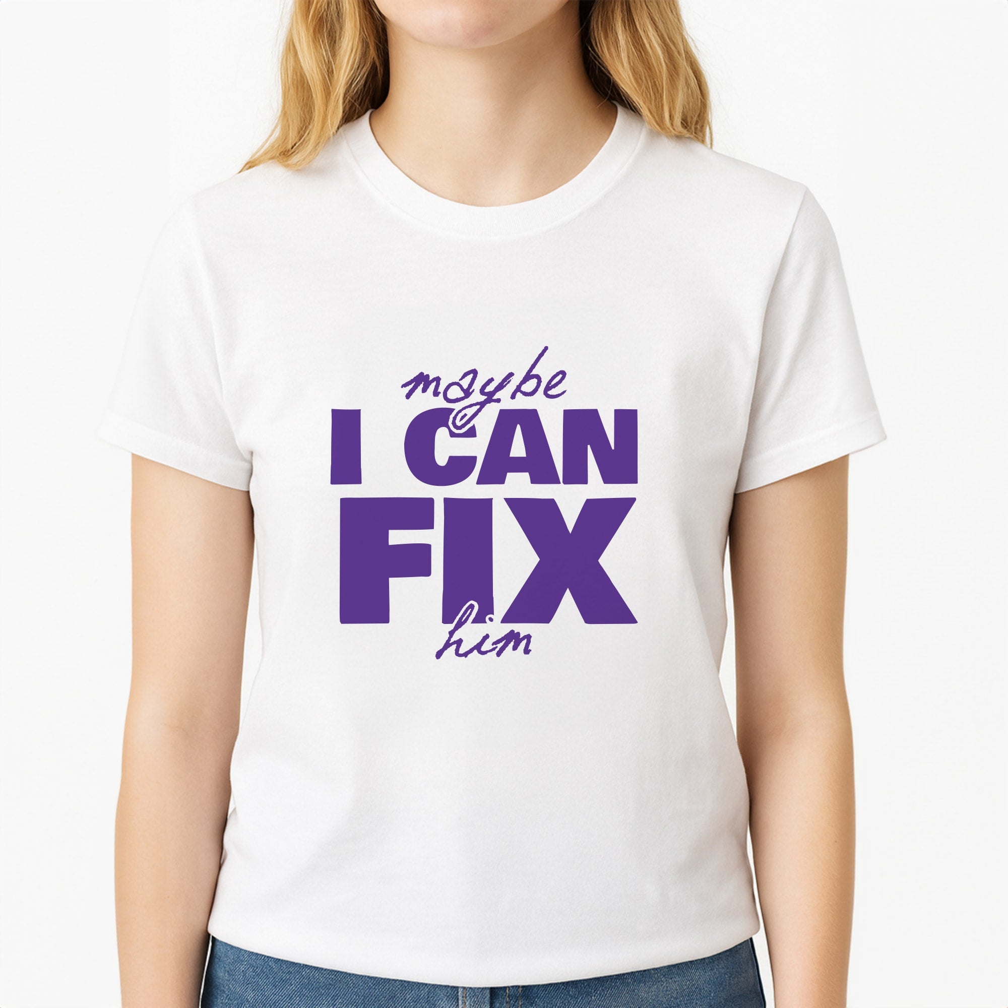 Maybe I Can Fix Him Purple Unisex T-Shirt, worn by a female model