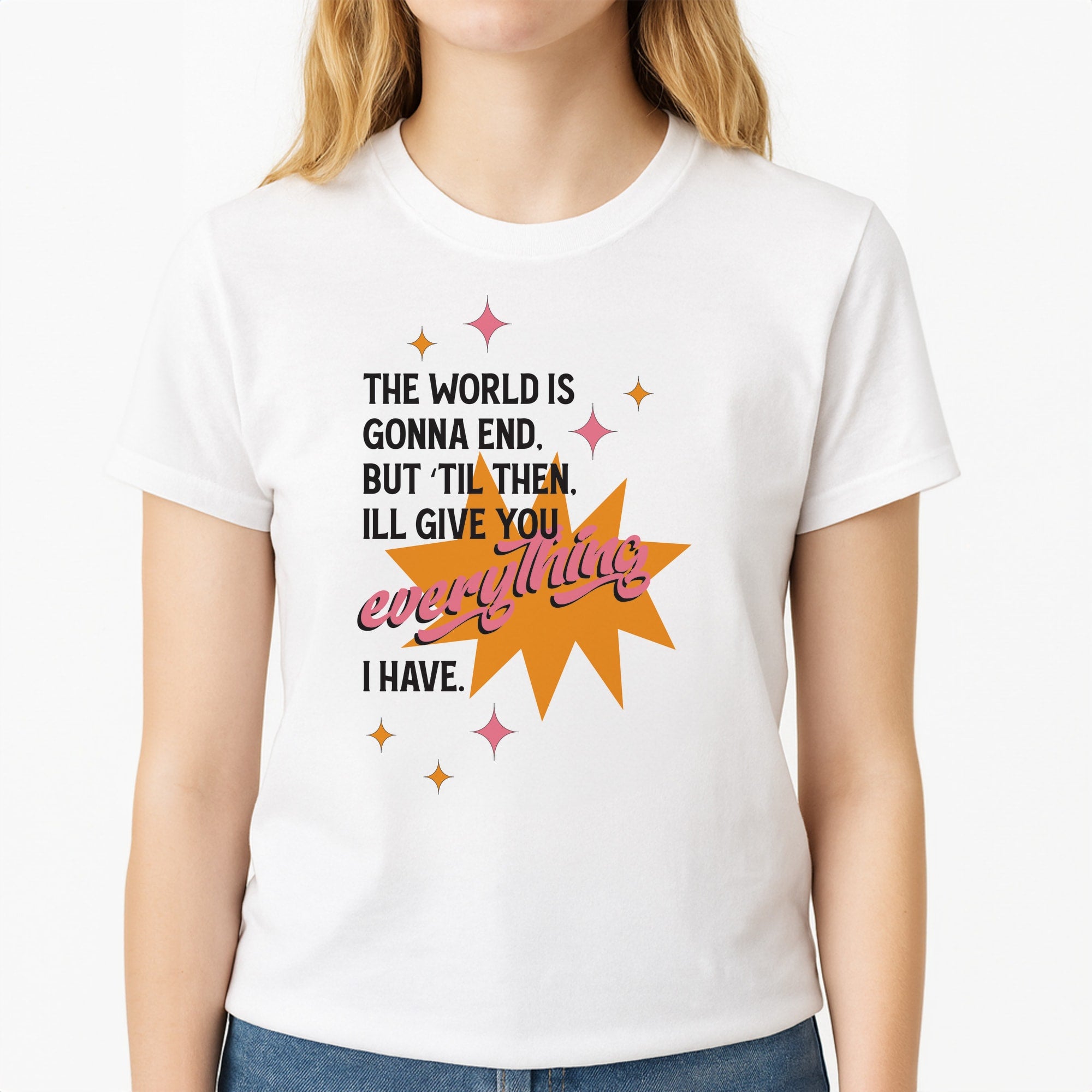 The World Is Gonna End - Fender Unisex T-Shirt, worn by a female model