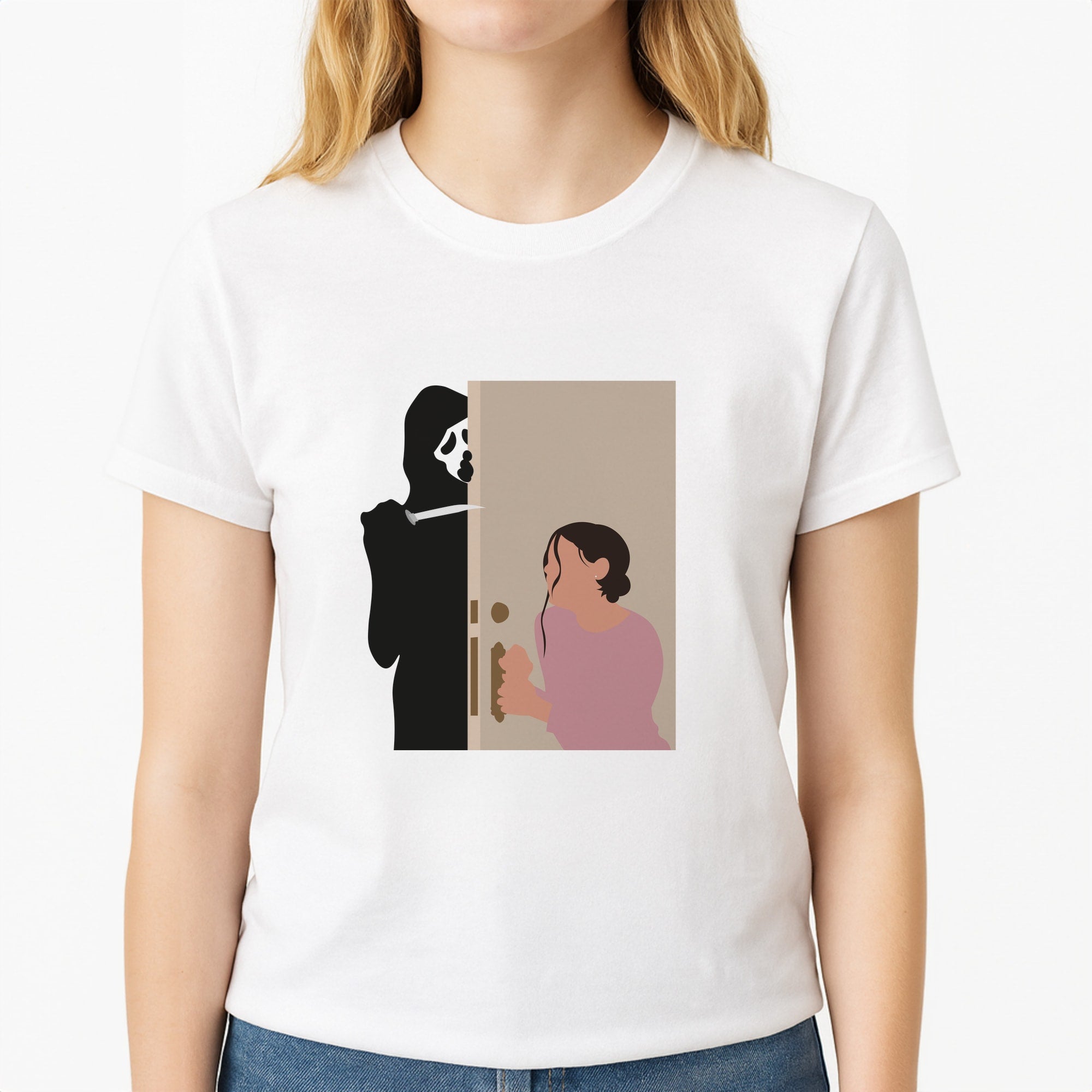 Tara And Ghostface - Scream Unisex T-Shirt, worn by a female model