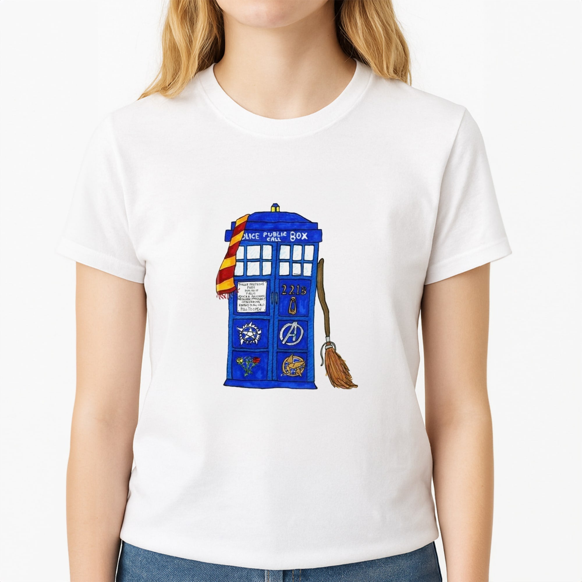 Multifandom Cartoon Unisex T-Shirt, worn by a female model