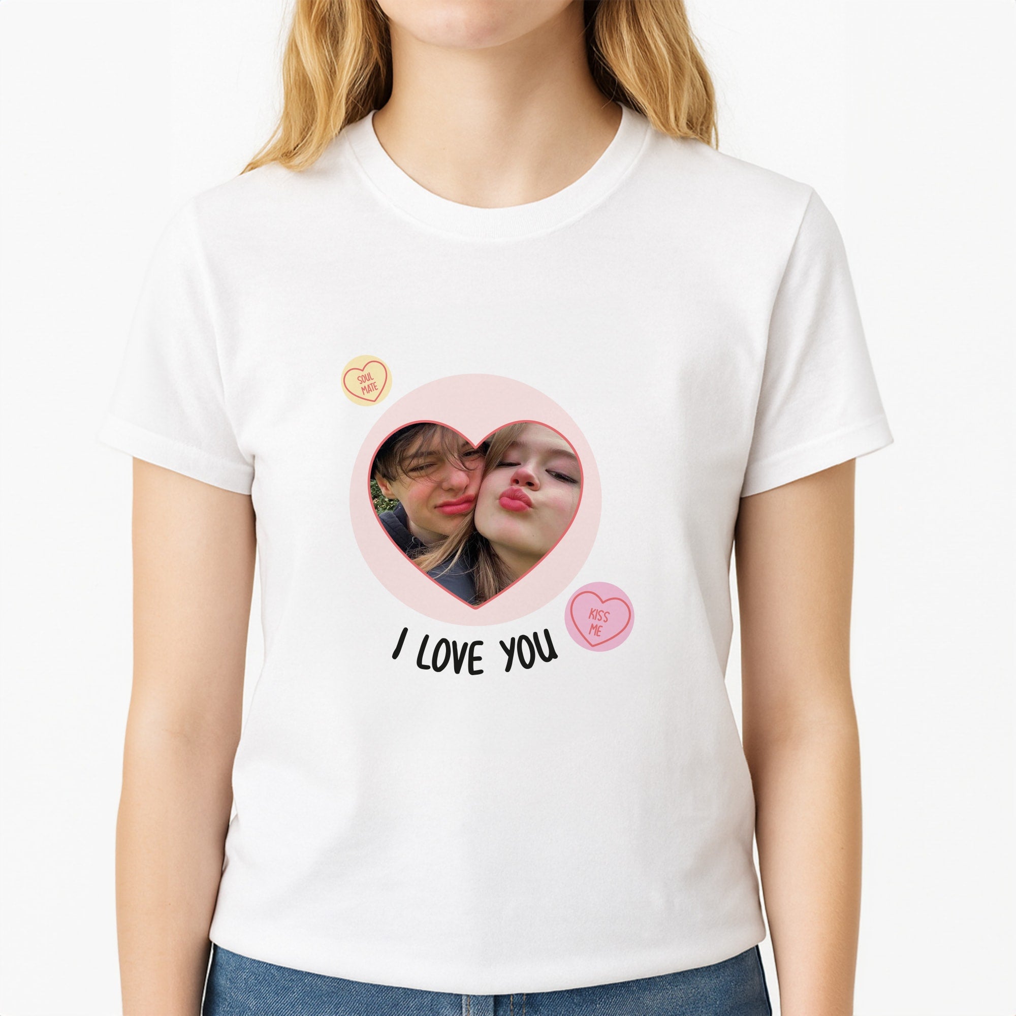 I Love You - Personalised Couples Unisex T-Shirt, worn by a female model