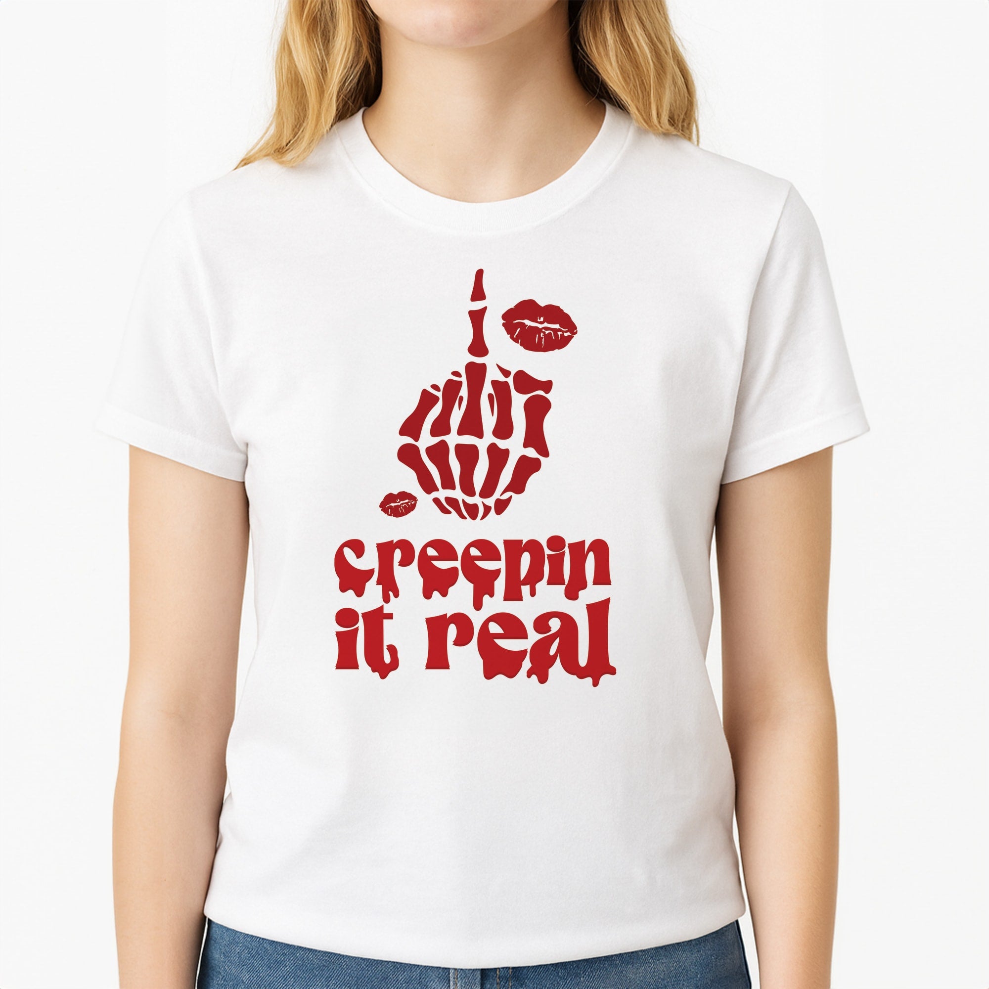 Creepin It Real Unisex T-Shirt, worn by a female model