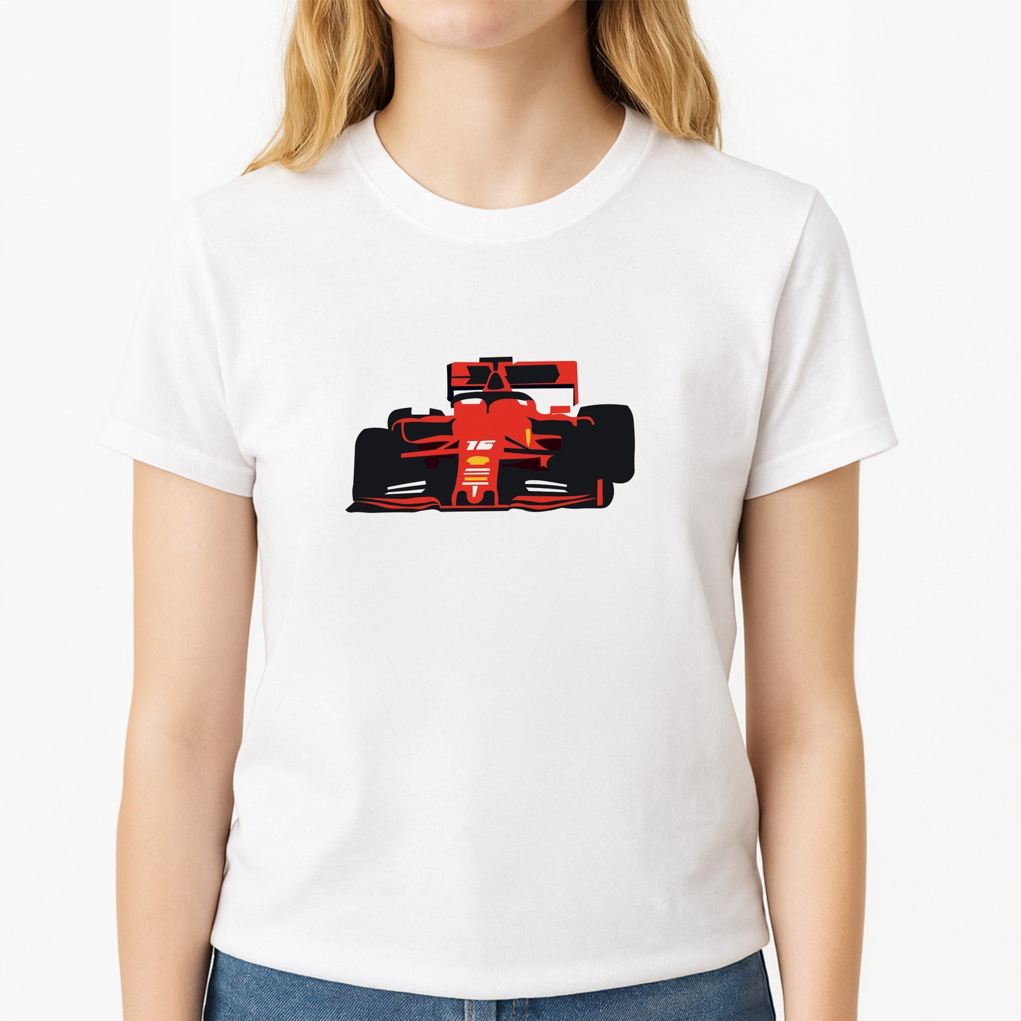F1 Car Unisex T-Shirt, worn by a female model