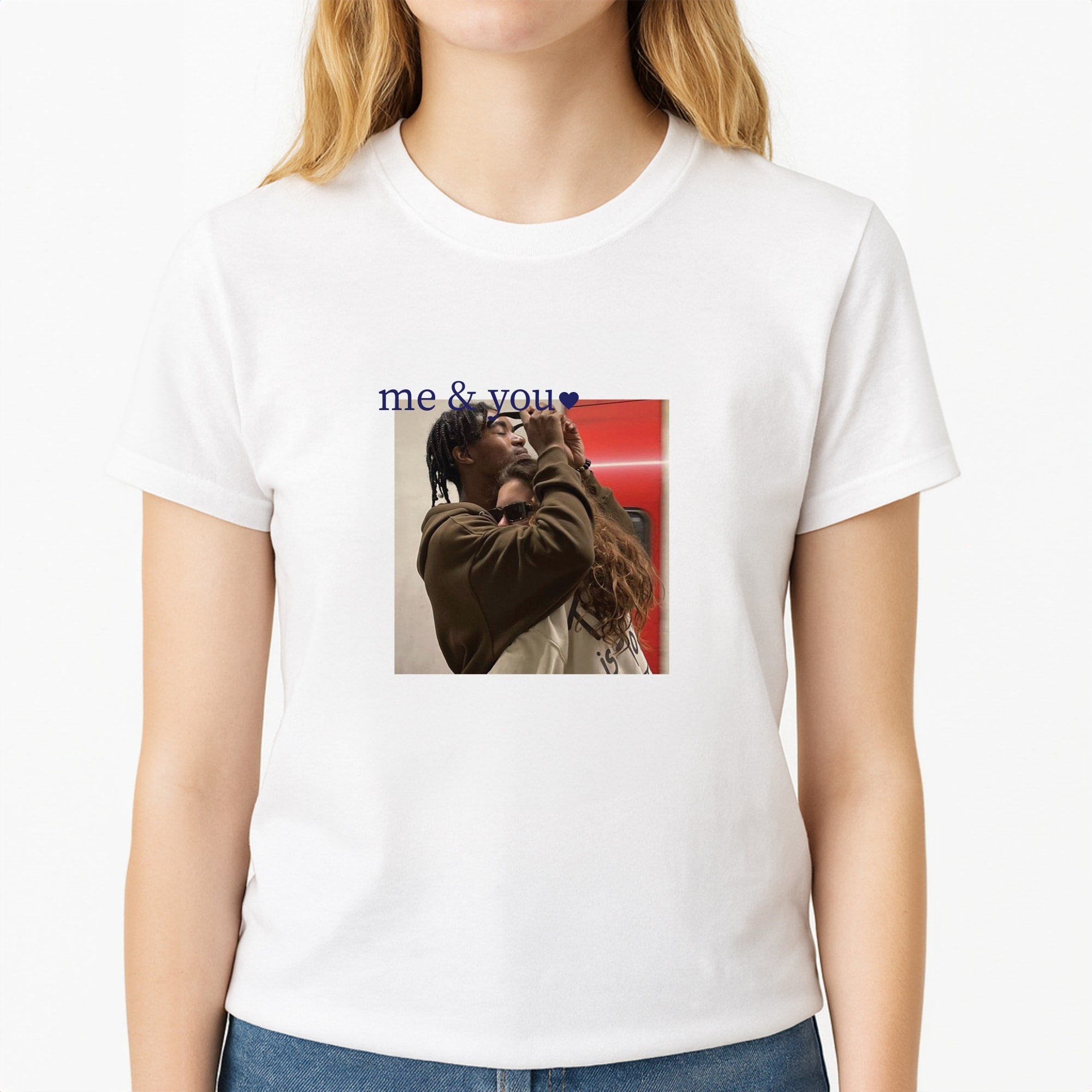 Me And You - Personalised Couples Unisex T-Shirt, worn by a female model