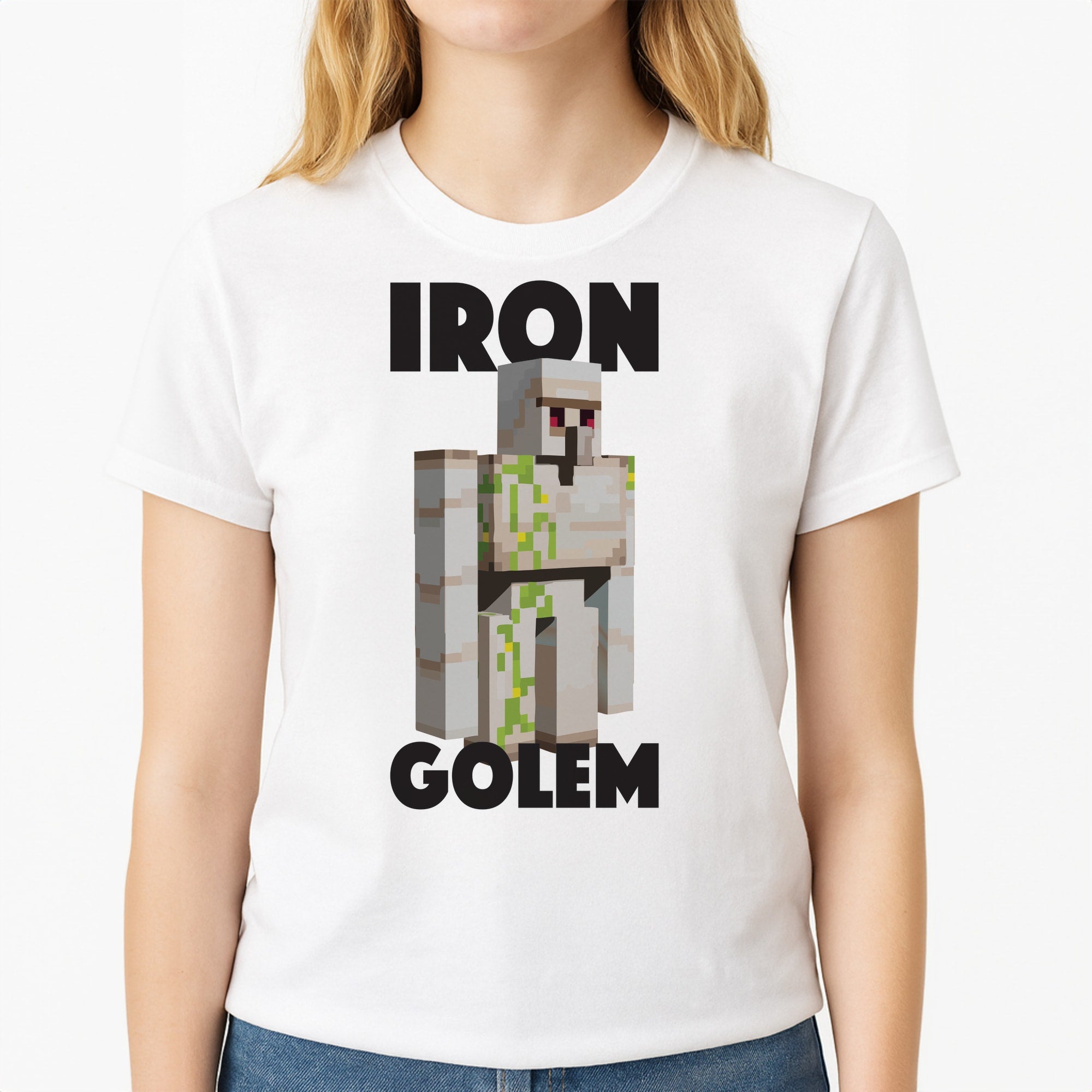 Iron Golem Unisex T-Shirt, worn by a female model