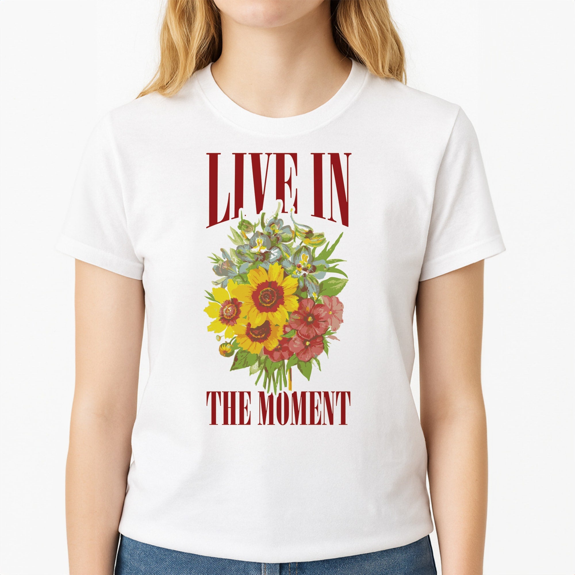 Live In The Moment Unisex T-Shirt, worn by a female model