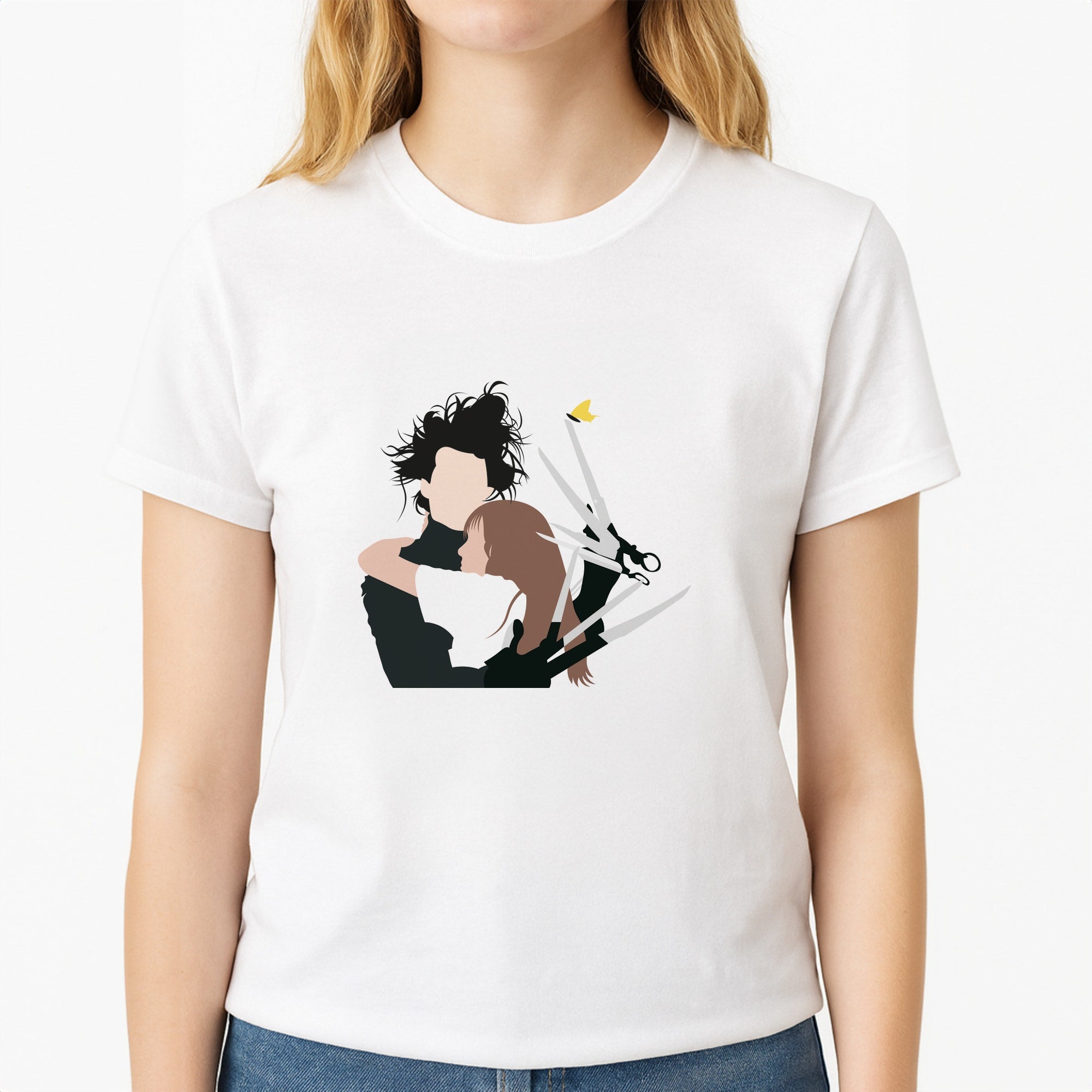 Edward And Kim -Scissorhands Unisex T-Shirt, worn by a female model