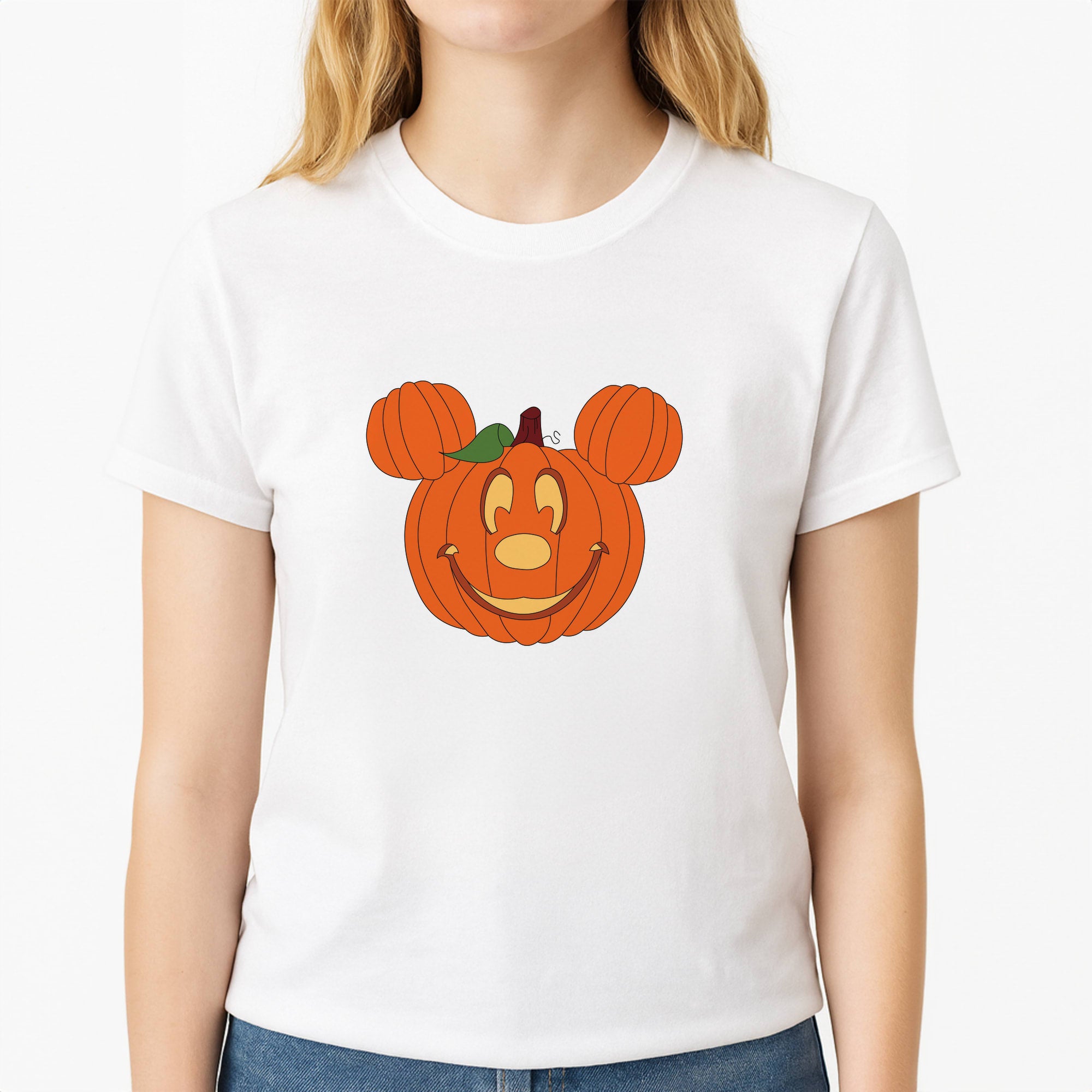 Mouse Pumpkin Halloween Unisex T-Shirt, worn by a female model
