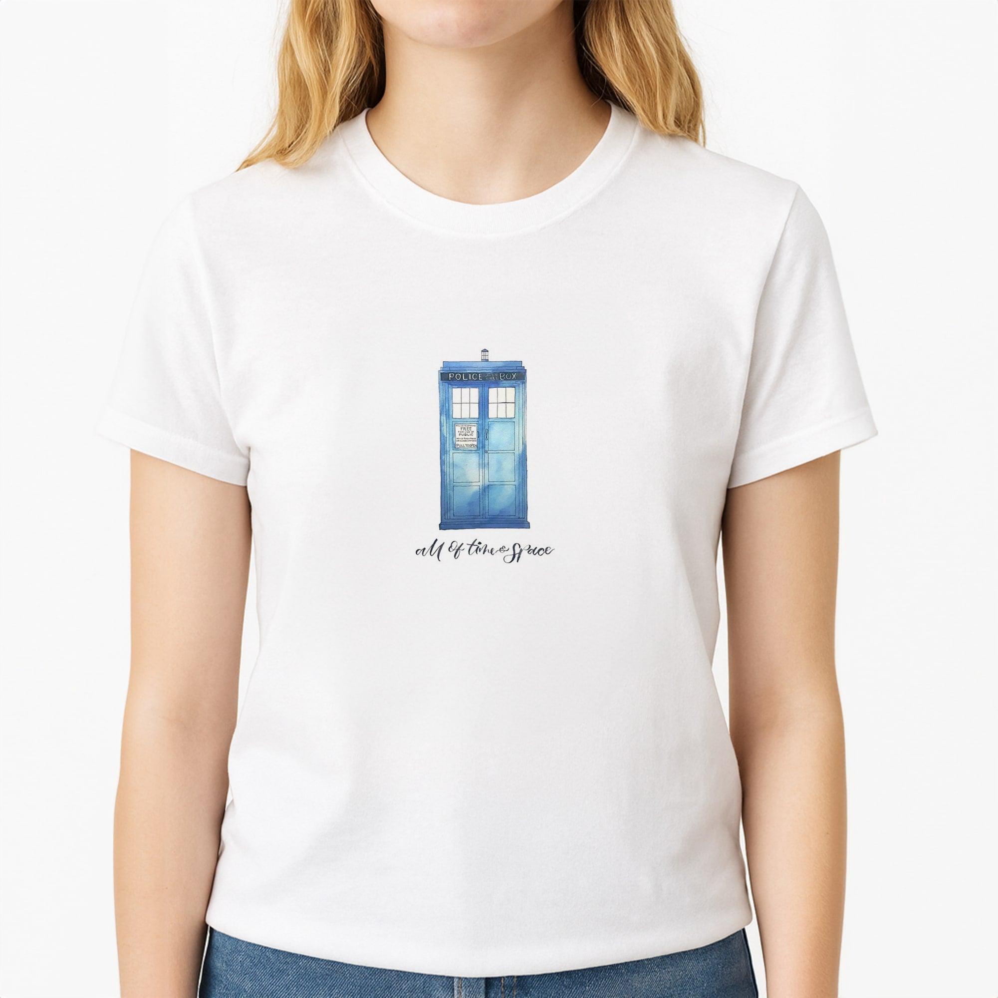 All of Time and Space Unisex T-Shirt, worn by a female model