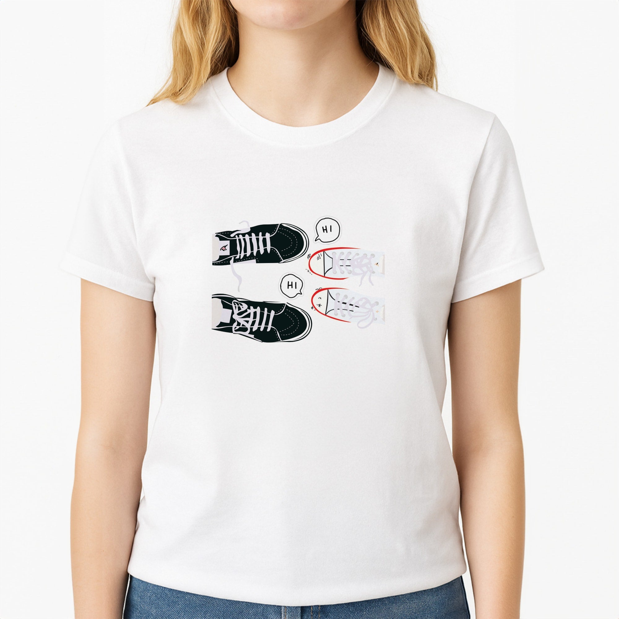 Hi - Heart TV Unisex T-Shirt, worn by a female model