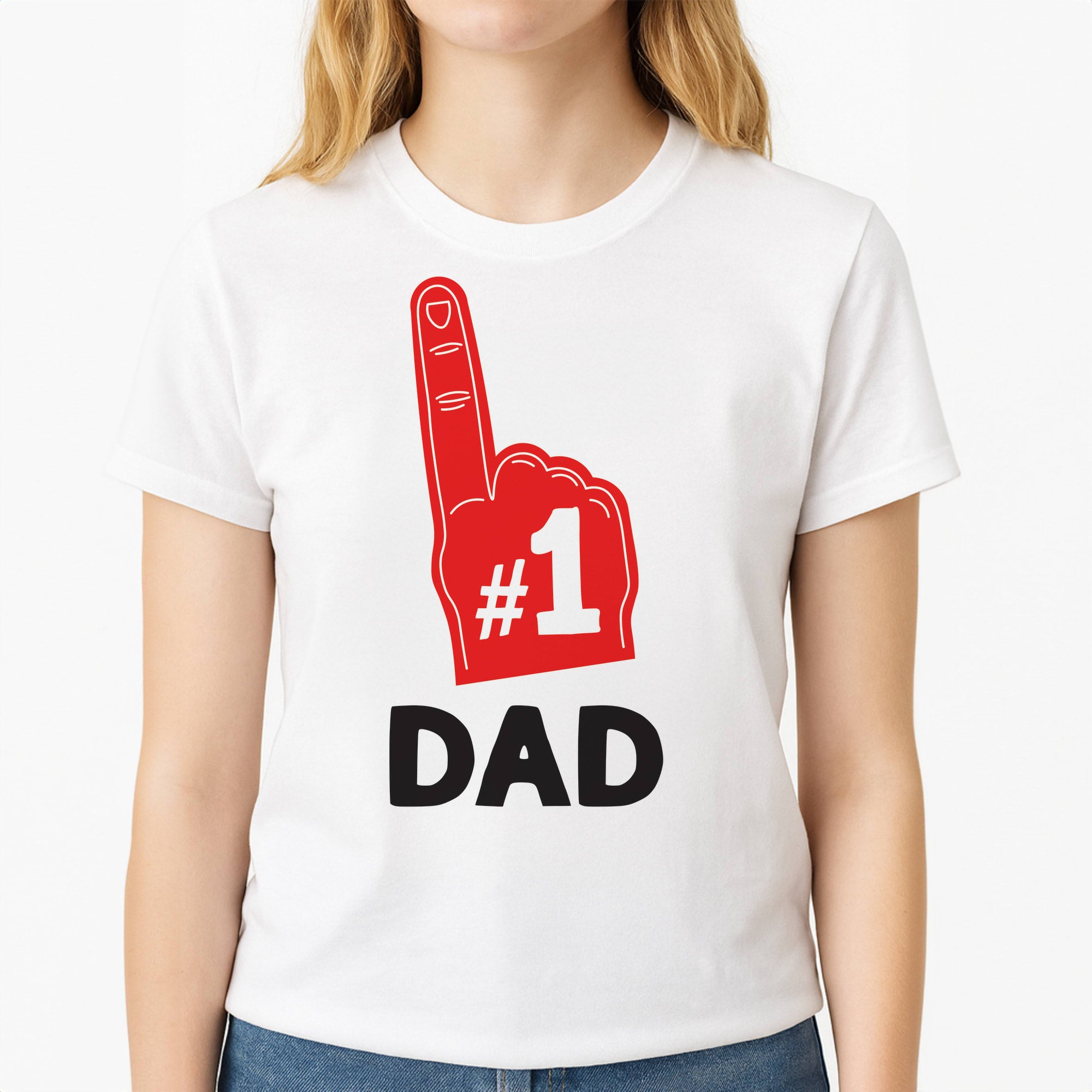 #1 Dad Foam Finger Unisex T-Shirt, worn by a female model