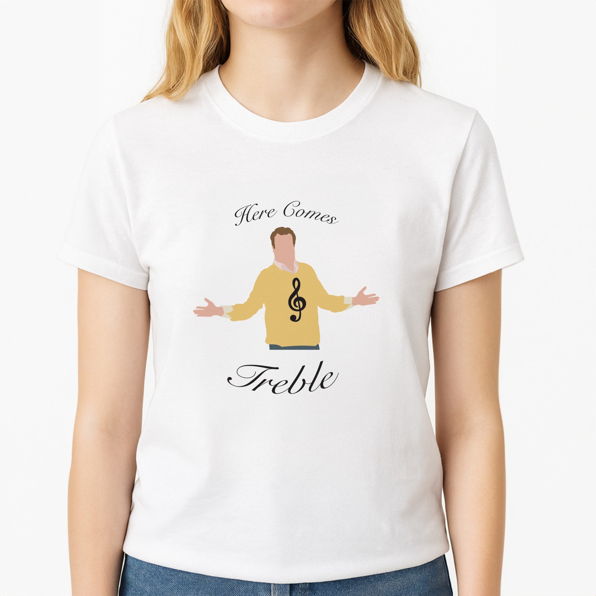 Here Comes Treble Unisex T-Shirt, worn by a female model