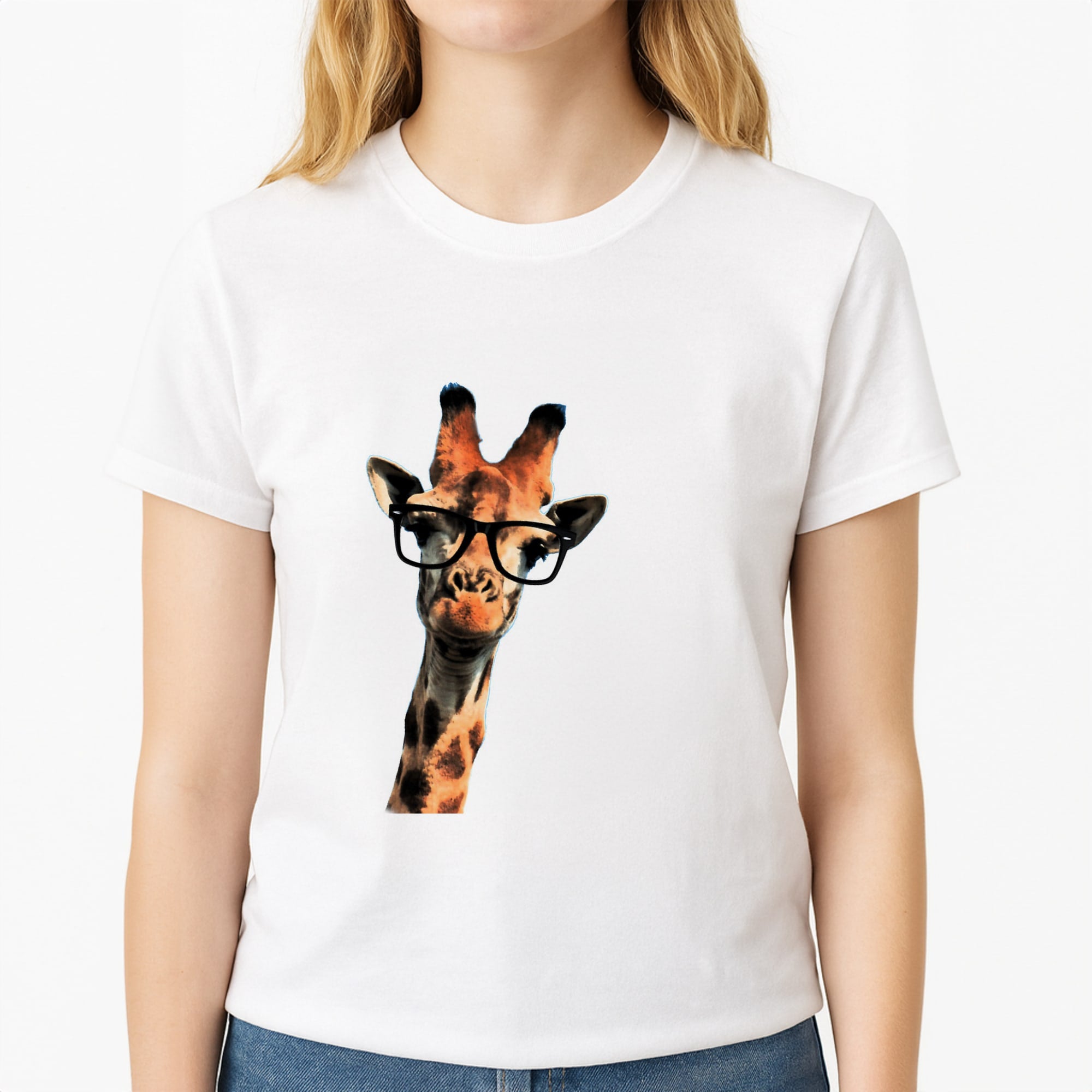 Hipster Giraffe Tumblr Unisex T-Shirt, worn by a female model