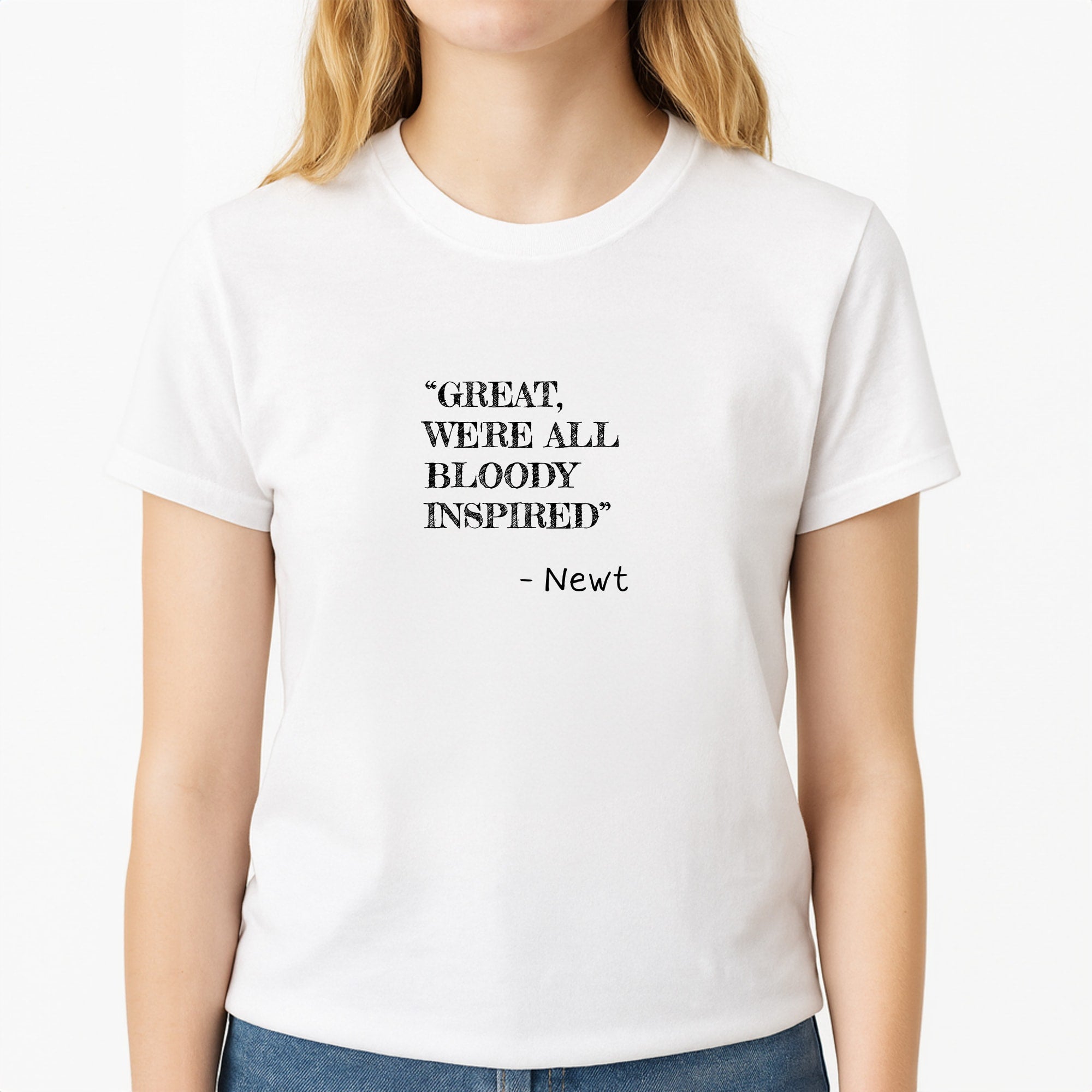 Great, We're All Bloody Inspired - Maze Unisex T-Shirt, worn by a female model