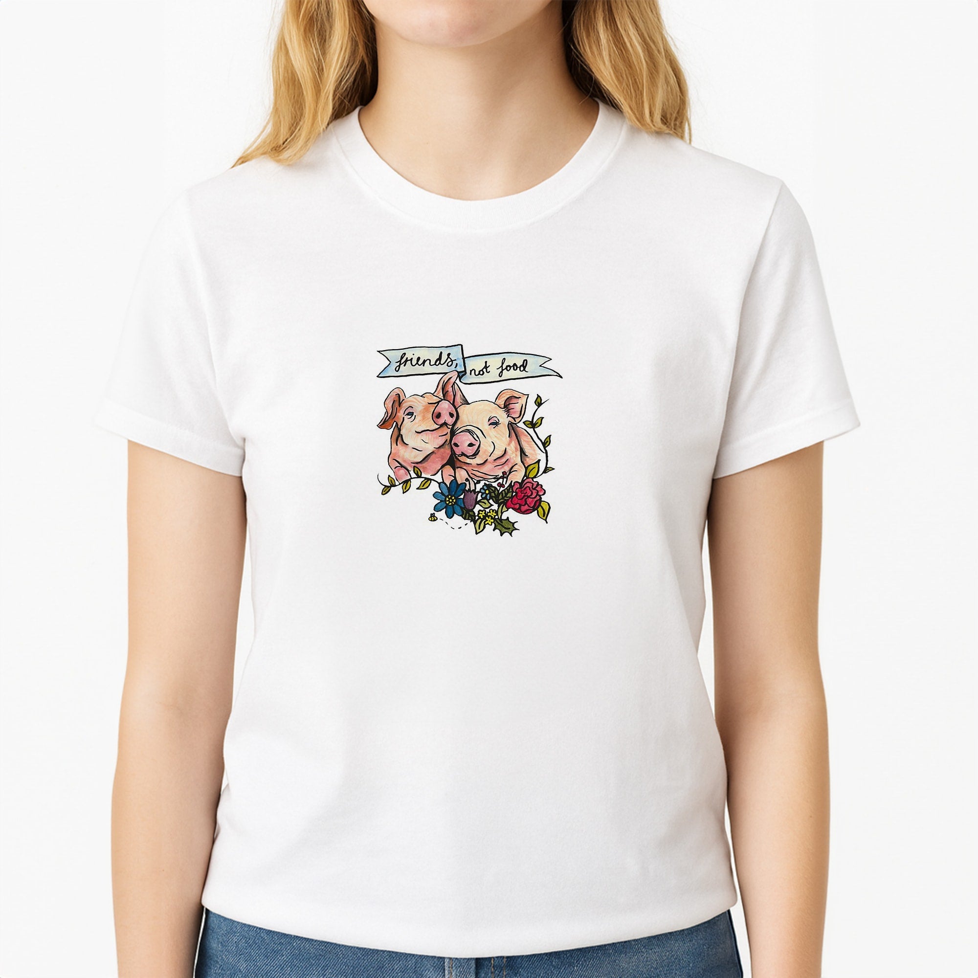 Friends Not Food - Vegan Unisex T-Shirt, worn by a female model