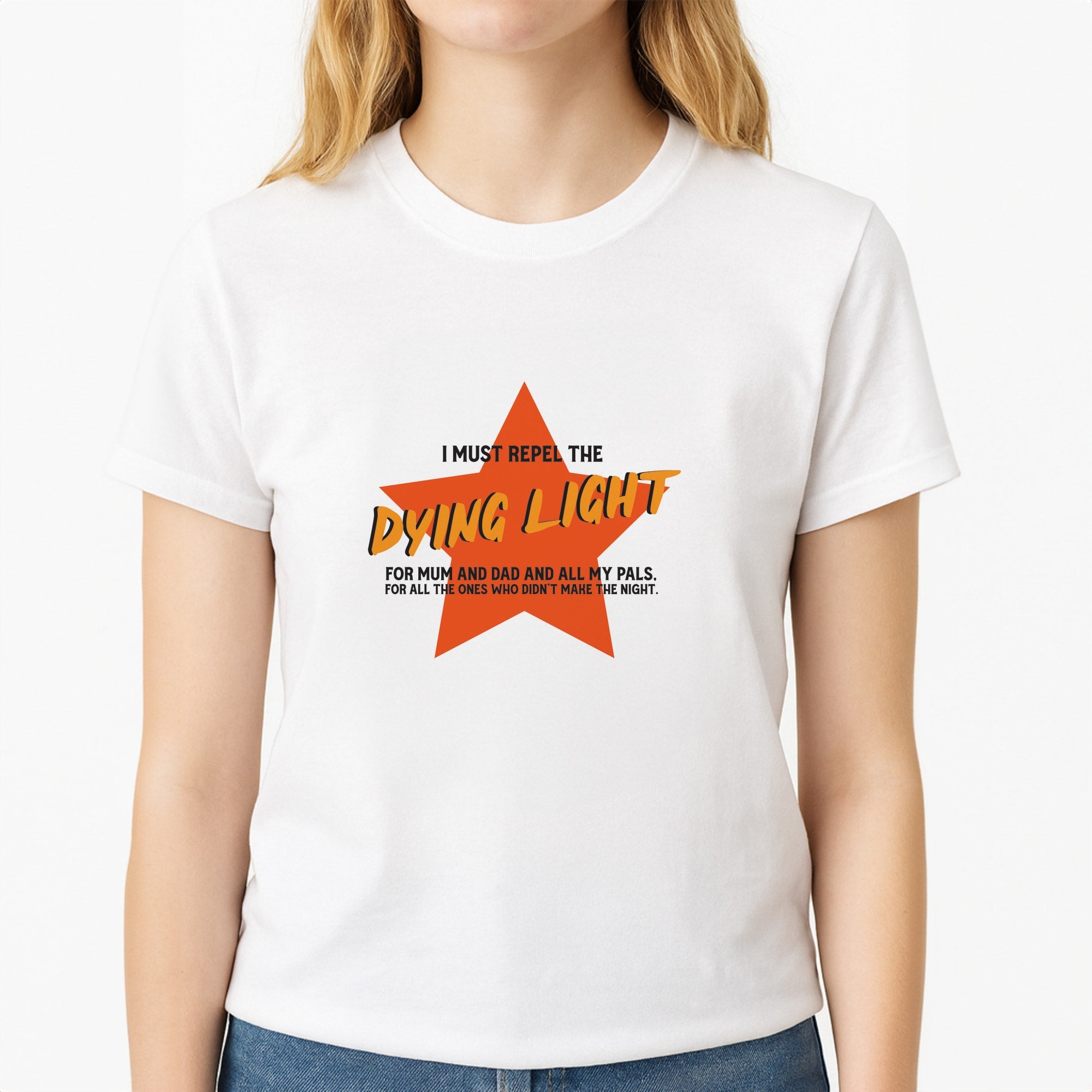 I Must Repel The Dying Light - Fender Unisex T-Shirt, worn by a female model