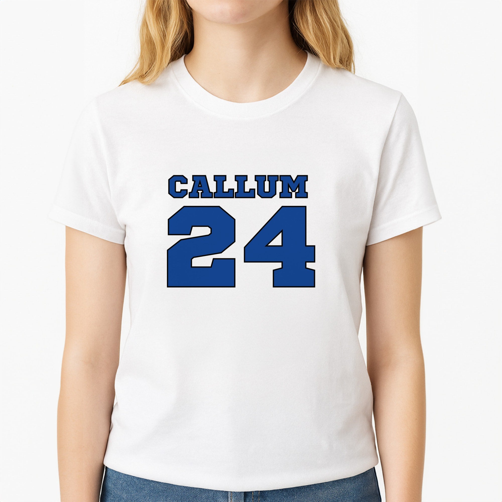 Dark Blue - Personalised Football Unisex T-Shirt, worn by a female model