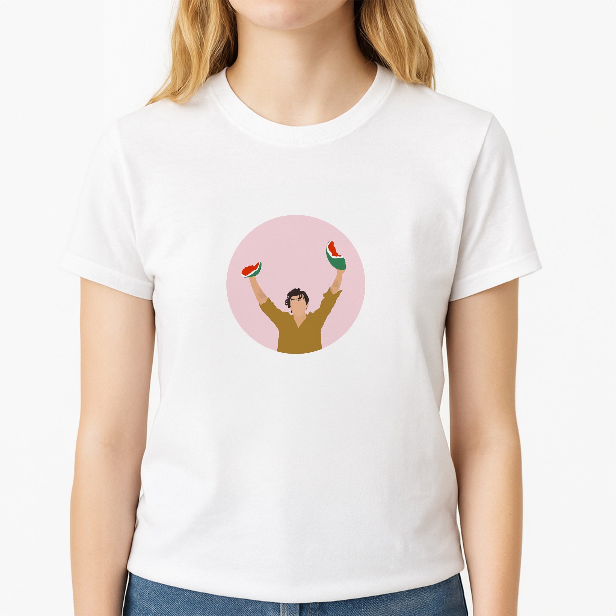 Watermelon Sugar - Harry Unisex T-Shirt, worn by a female model